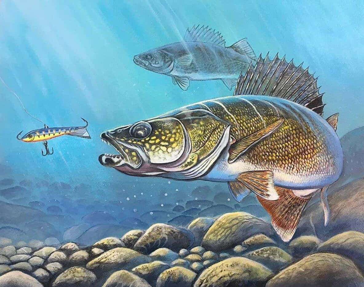 Walleye 桌布 壁紙 — 一條大型斑點鱸魚在岩石河床附近的水下撲向魚餌，另一條魚在上面游著。