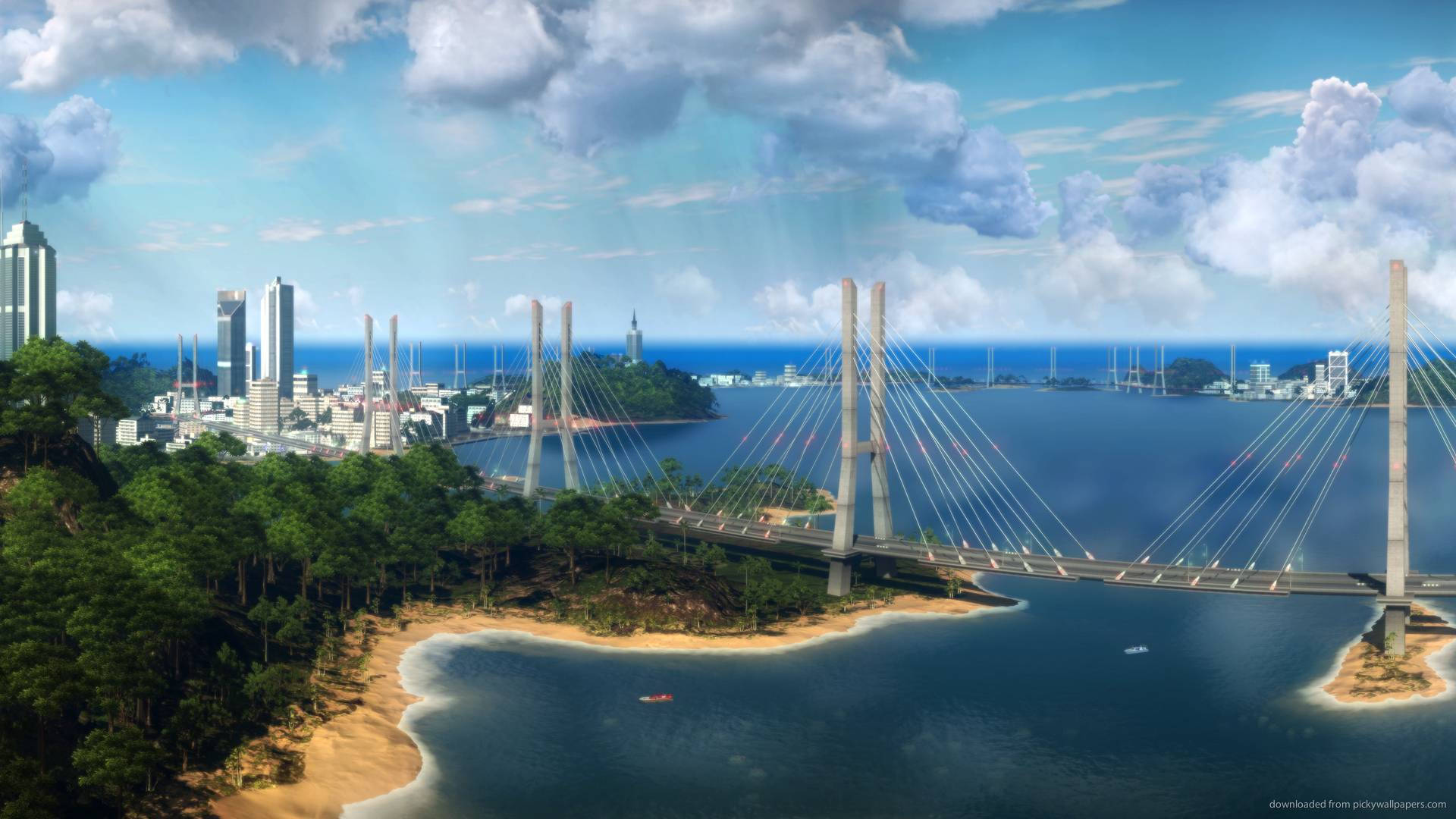 just cause 2 桌布 壁紙 — 一條大型斜張橋橫跨深藍色海灣，連接現代城市天際線，天空明亮，雲朵蓬鬆。