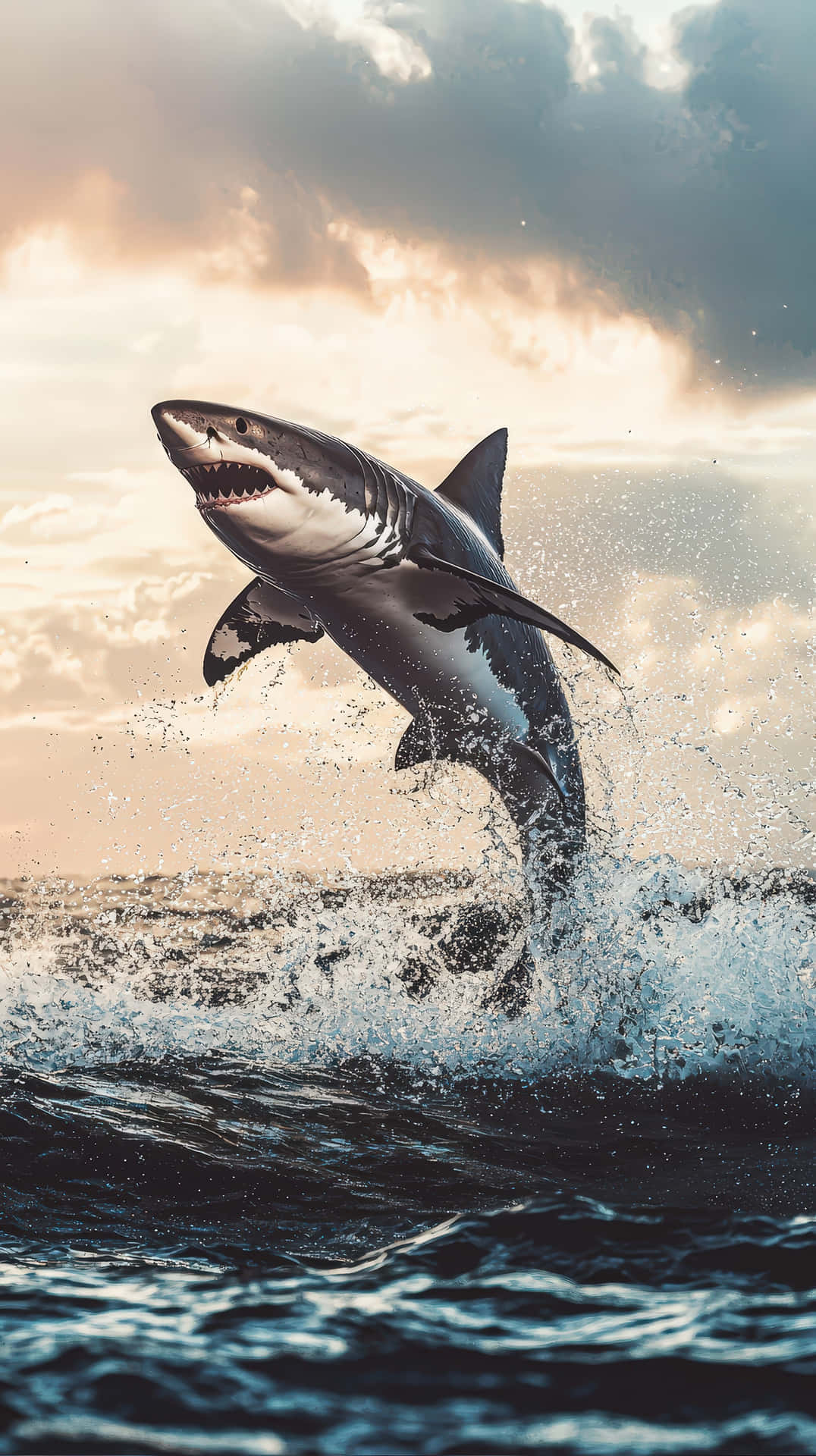 Powerful great white shark breaching the ocean surface at sunrise 壁紙 — 一條大白鯊在戲劇性的多雲天空下，從深藍色的海洋中強力躍出。
