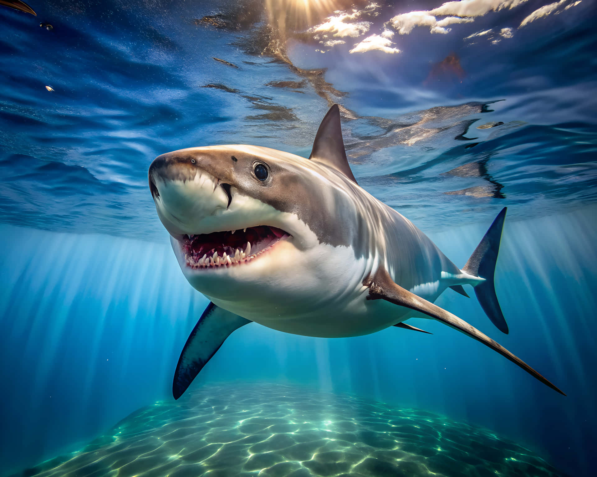 Shark on the ocean floor 壁紙 — 一條大白鯊在水下向鏡頭游來，陽光透過上方的海面照射下來。