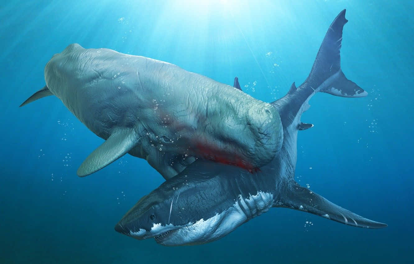 Sperm Whale 桌布 壁紙 — 一條大白鯊在水下咬住一條巨大的鯨魚屍體，陽光從上方照射下來。