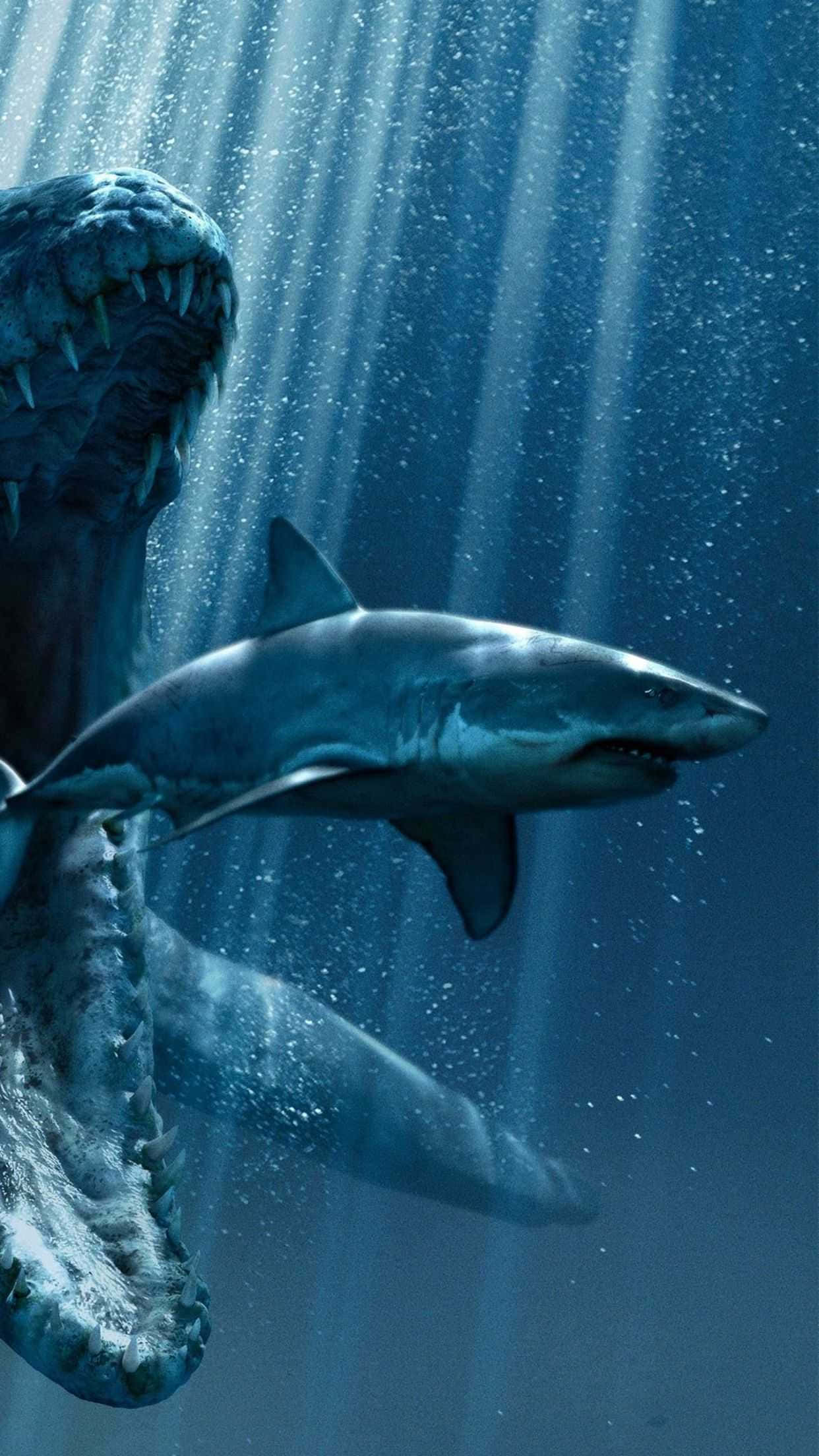 Scary Shark 桌布 壁紙 — 一條大白鯊在深藍色海洋中游過一個巨大的史前海怪張開的下顎。