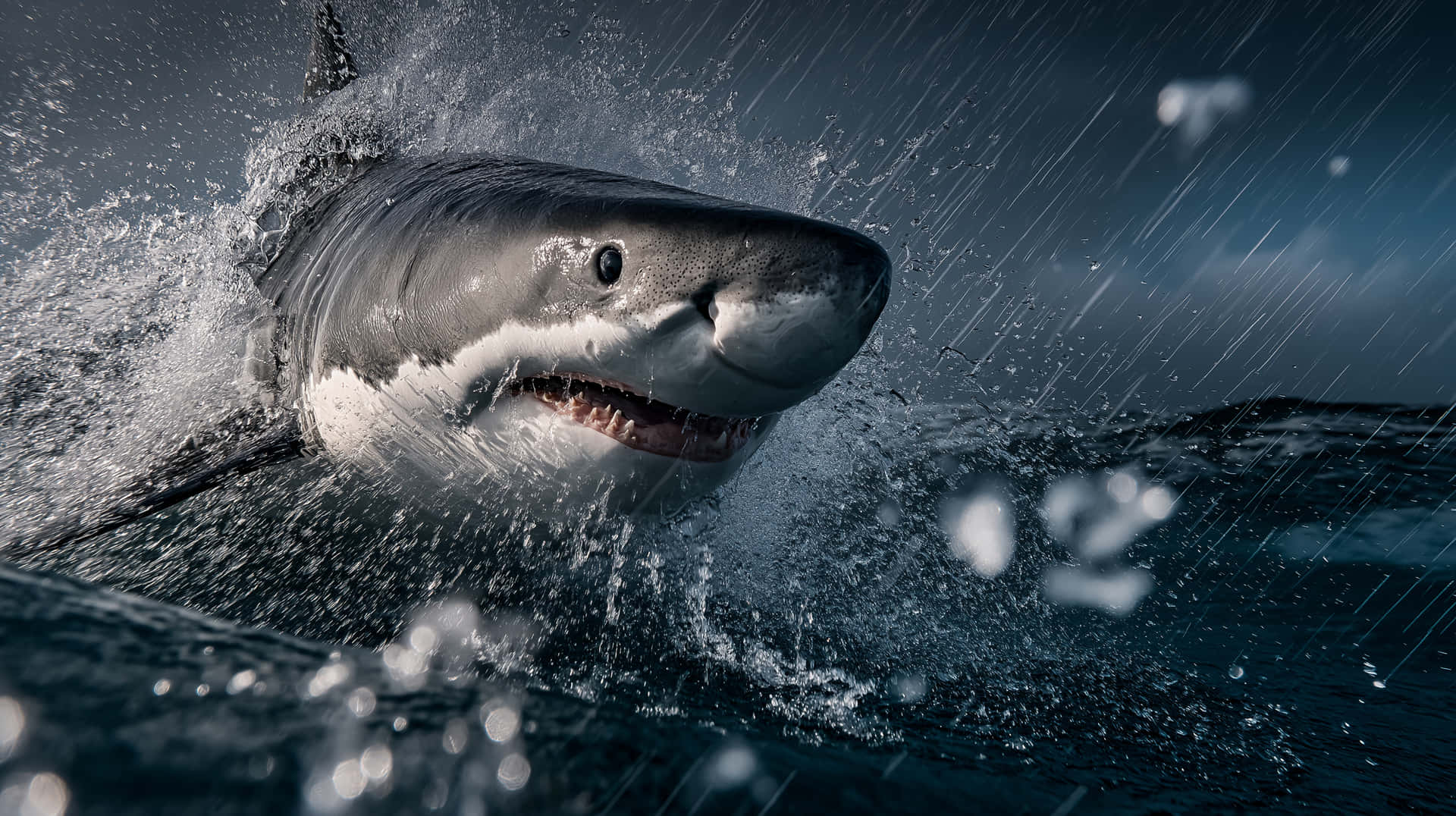 Great White Shark Bursting Out of Water with Splashing 壁紙 — 一條大白鯊在湍急的暗水中破浪而出，張開嘴巴，雨水落下。