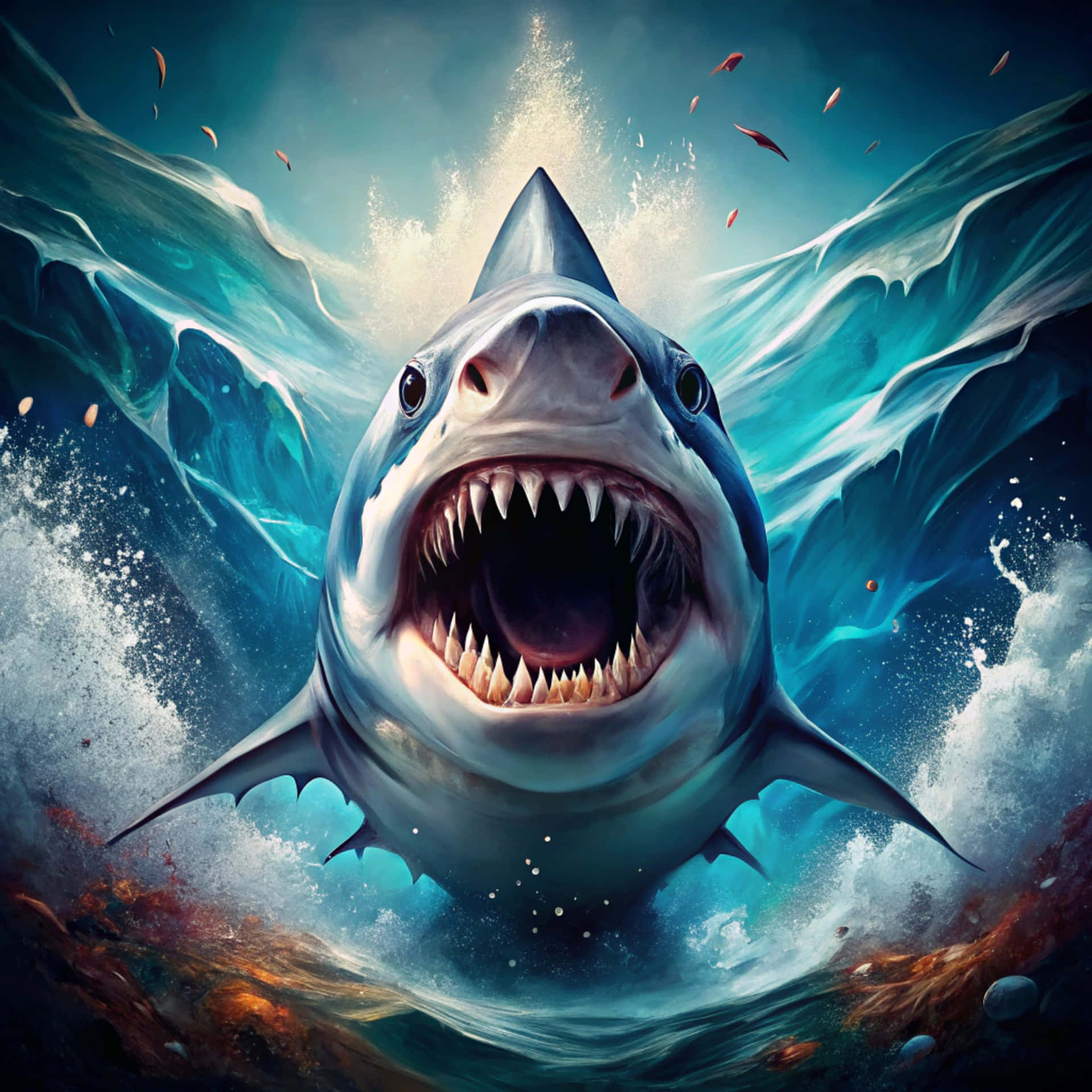 Shark 壁紙 — 一條大白鯊衝破洶湧的碧綠海水，張開大口露出鋒利的牙齒，身體周圍濺起泡沫。