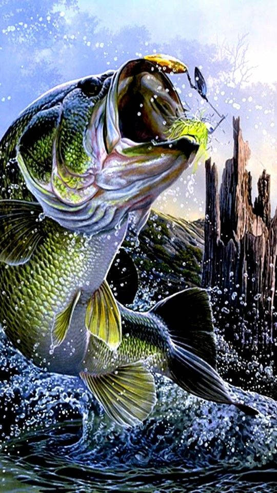 3d Art 桌布 壁紙 — 一條大綠鱸魚從水中躍起，張開嘴巴咬住一個黃色魚餌，旁邊是風化的木樁。