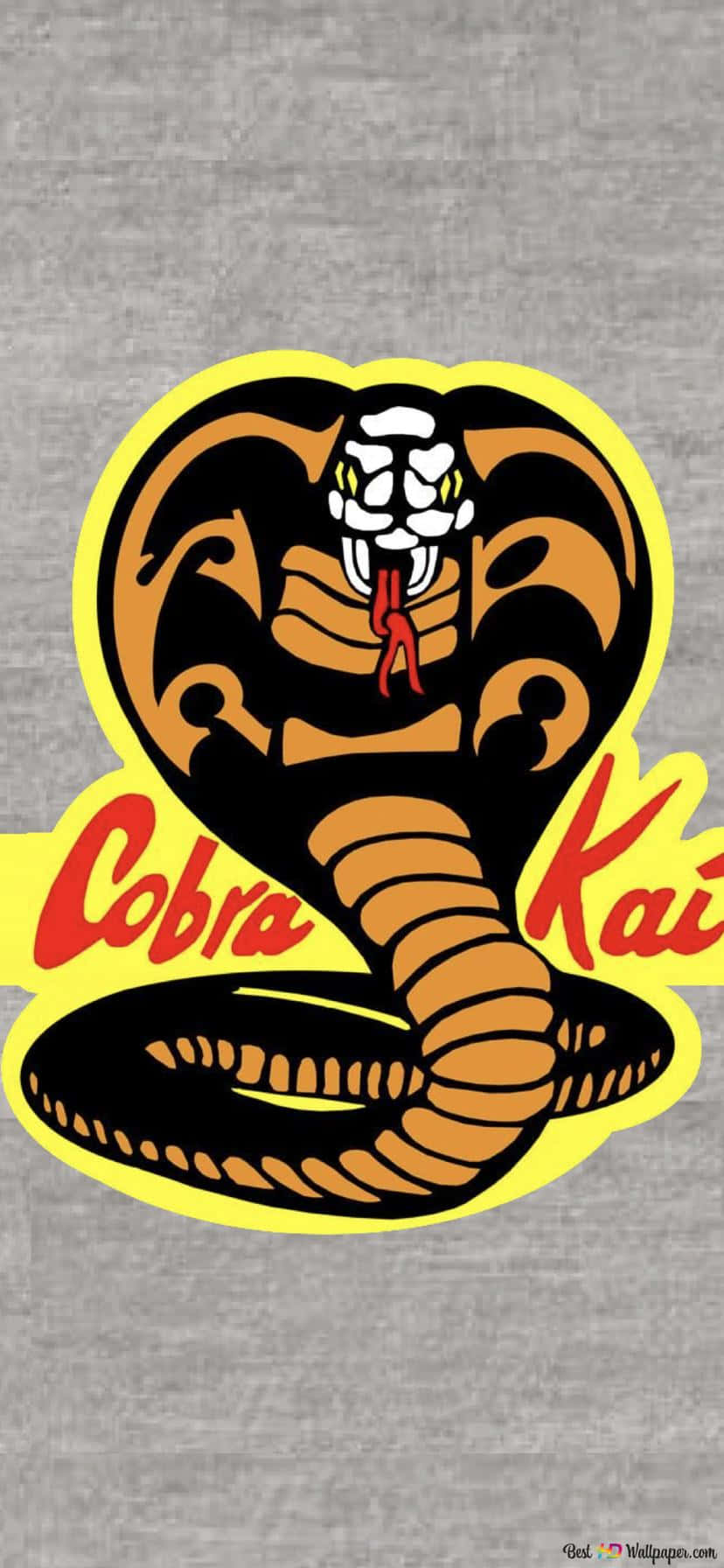 Cobra Kai iPhone Xr 桌布 壁紙 — 一條大膽的卡通眼鏡蛇，帶有黃色輪廓和紅色舌頭，在灰色紋理背景上向前凝視，並帶有「Cobra Kai」文字。