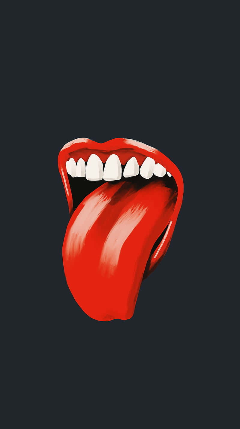 Tongue 桌布 壁紙 — 一條大膽的紅色舌頭，帶有白色牙齒，在深灰色背景上以風格化的圖形設計突出顯示。