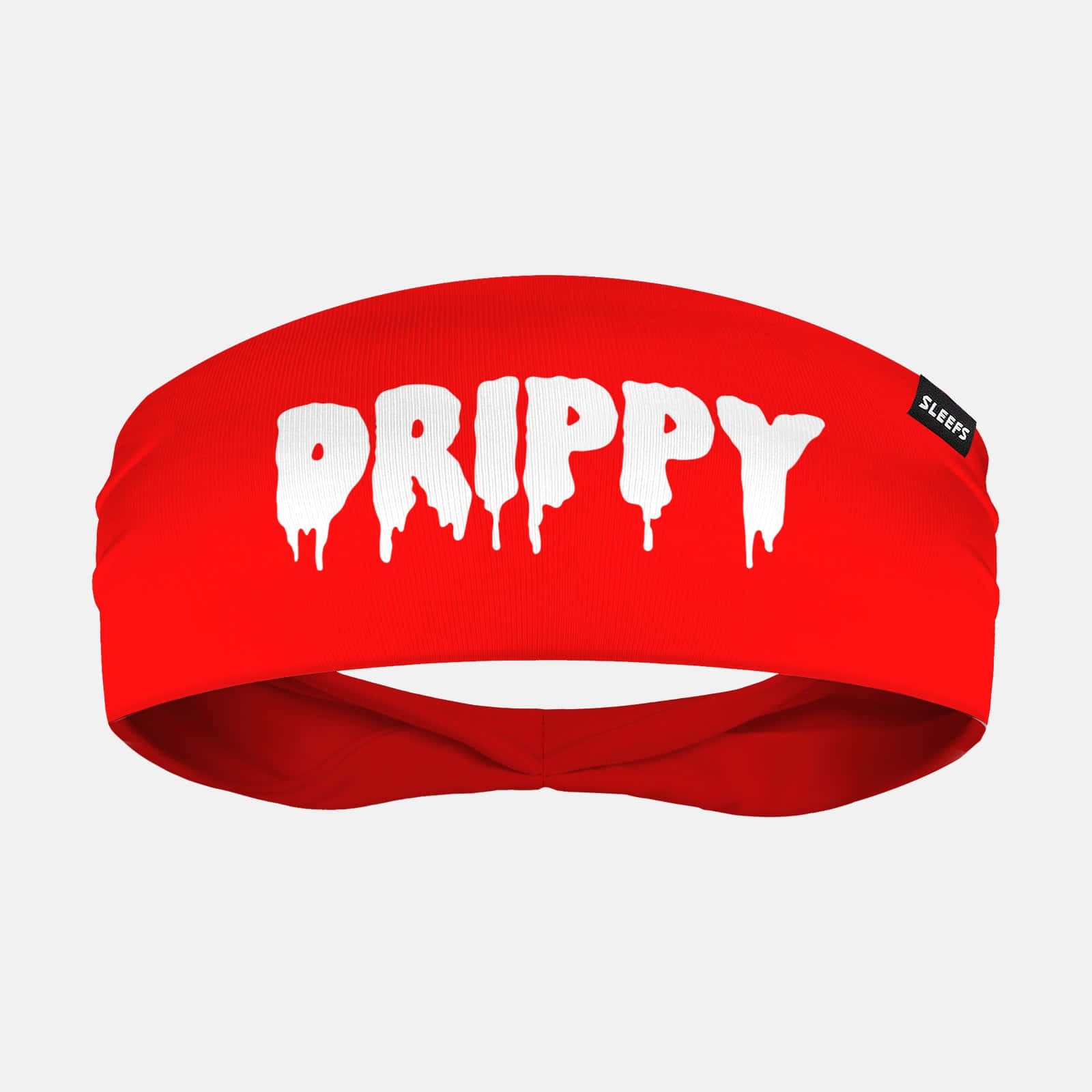 滴落感 桌布 壁紙 — 一條大膽的紅色頭帶，上面有滴落的白色「DRIPPY」文字和一個細小的黑色「SLEEPS」標籤，背景為純色。