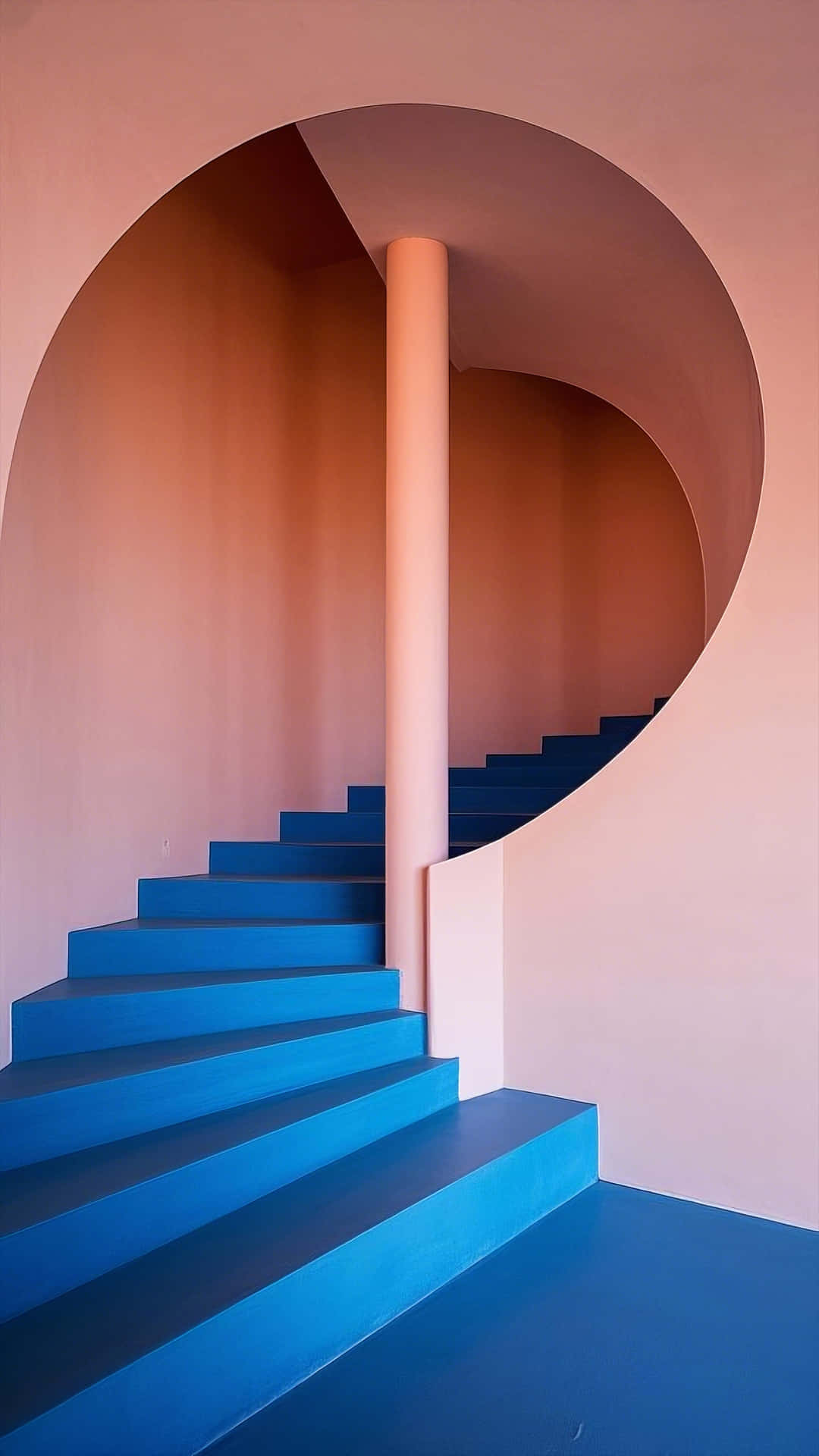 colorful spiral staircase in surreal abstract design 壁紙 — 一條大膽的藍色樓梯穿過柔軟的粉紅色圓形拱門，配以相配的粉紅色柱子。