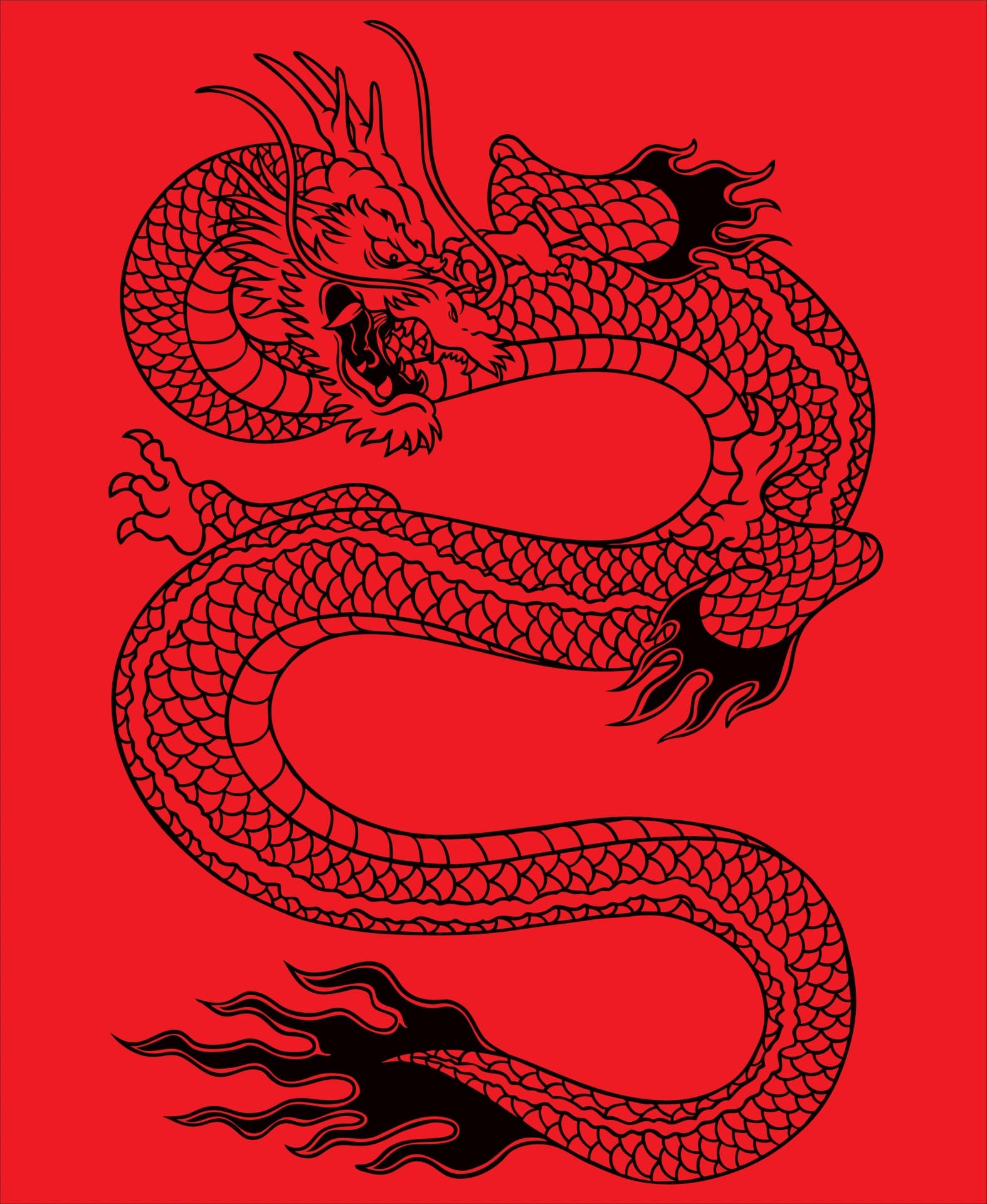 Japanese Dragon Tattoo 桌布 壁紙 — 一條大膽的黑色中國龍，帶有火焰狀的尾巴和爪子，在鮮紅色的背景上動態盤繞。