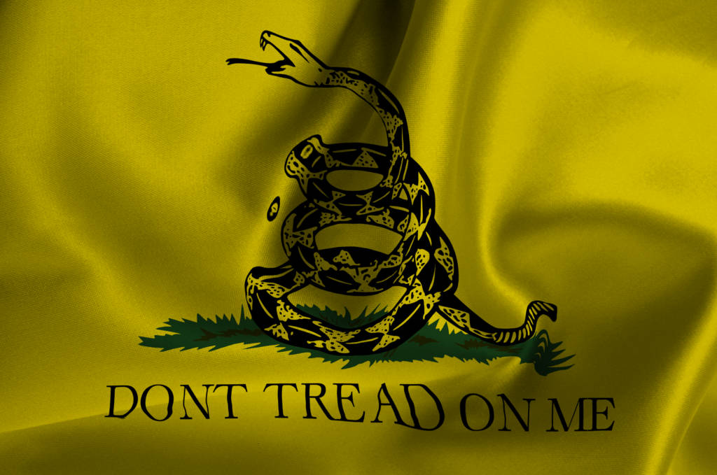 Flag 桌布 壁紙 — 一條大膽的黑色盤繞響尾蛇在鮮黃色旗幟上，下方有 dont tread on me 字句。