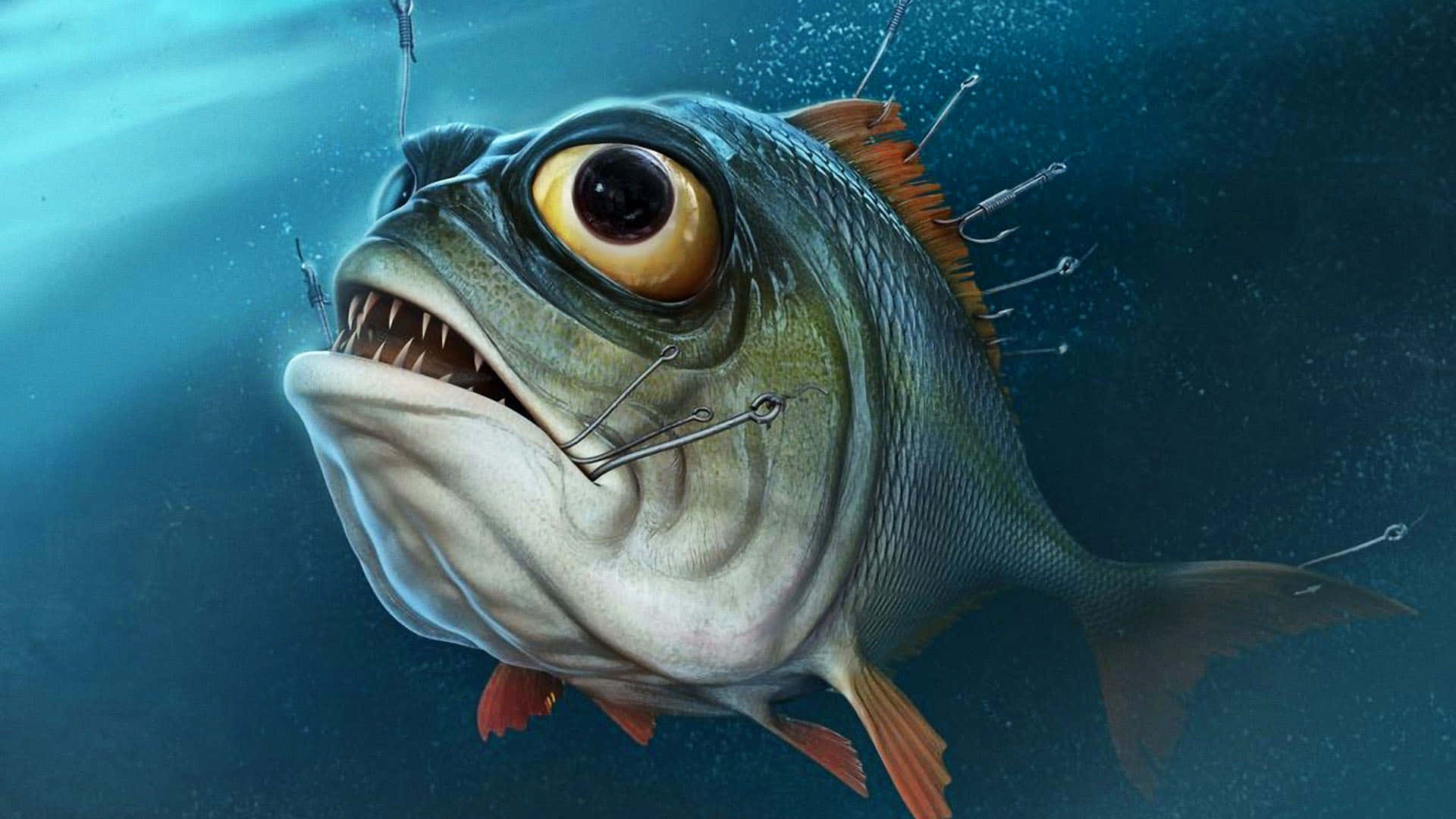 動物 桌布 壁紙 — 一條大魚，長有鋒利的牙齒，身上嵌有多個魚鉤，在深藍色的海水中游動。