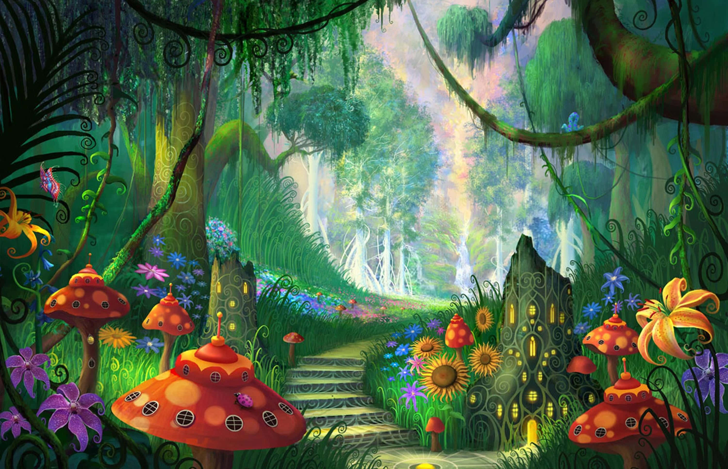 Magical Forest 桌布 壁紙 — 一條奇幻的森林小徑，兩旁排列著發光的蘑菇屋和鮮豔的花朵，上方是纏繞的藤蔓形成的樹冠。
