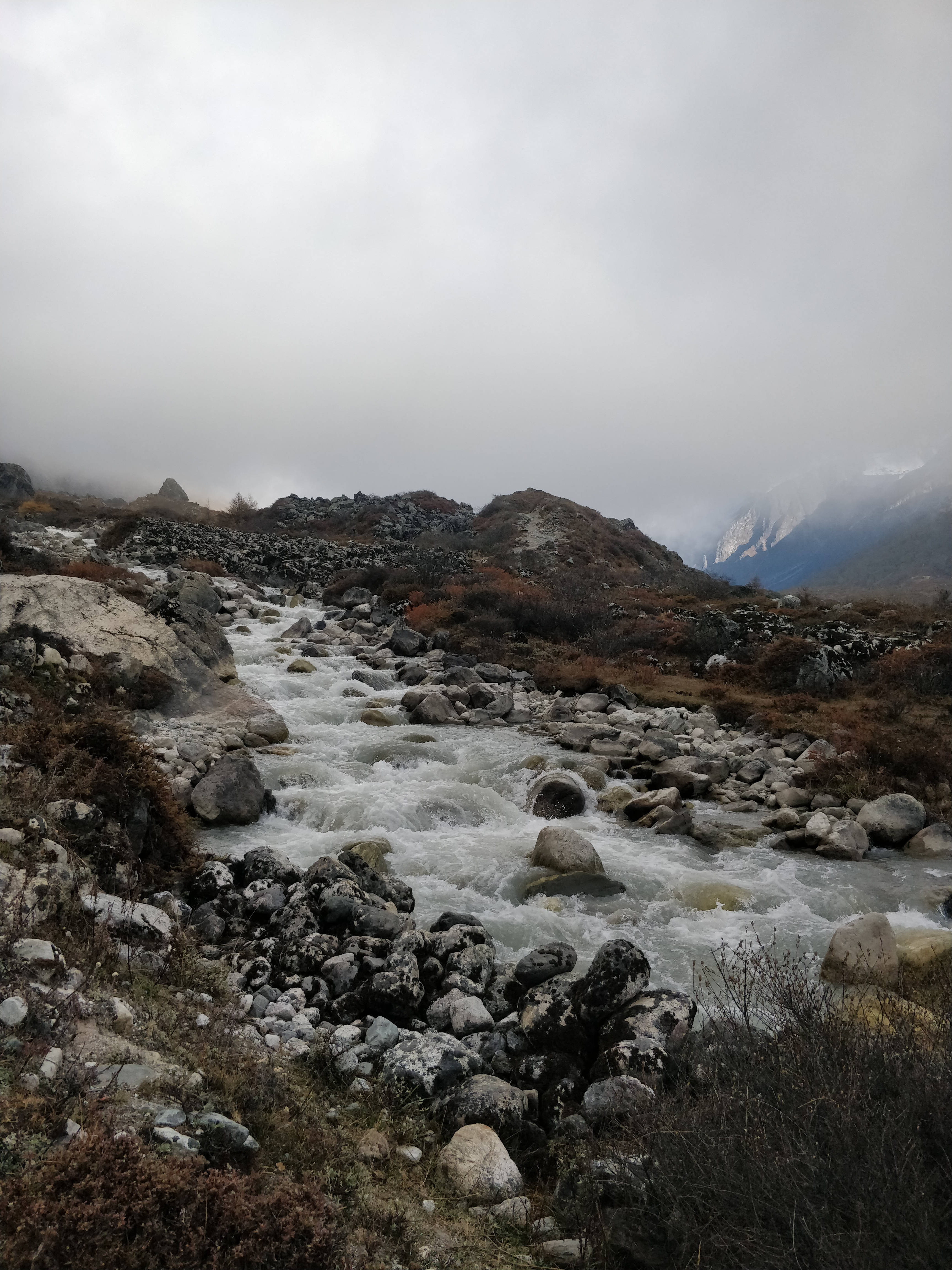 Nepal 桌布 壁紙 — 一條奔騰的山間溪流在灰色岩石上翻騰，穿過霧氣瀰漫的山谷，兩旁有秋日的灌木叢和遠處白雪覆蓋的山峰，天空陰沉。