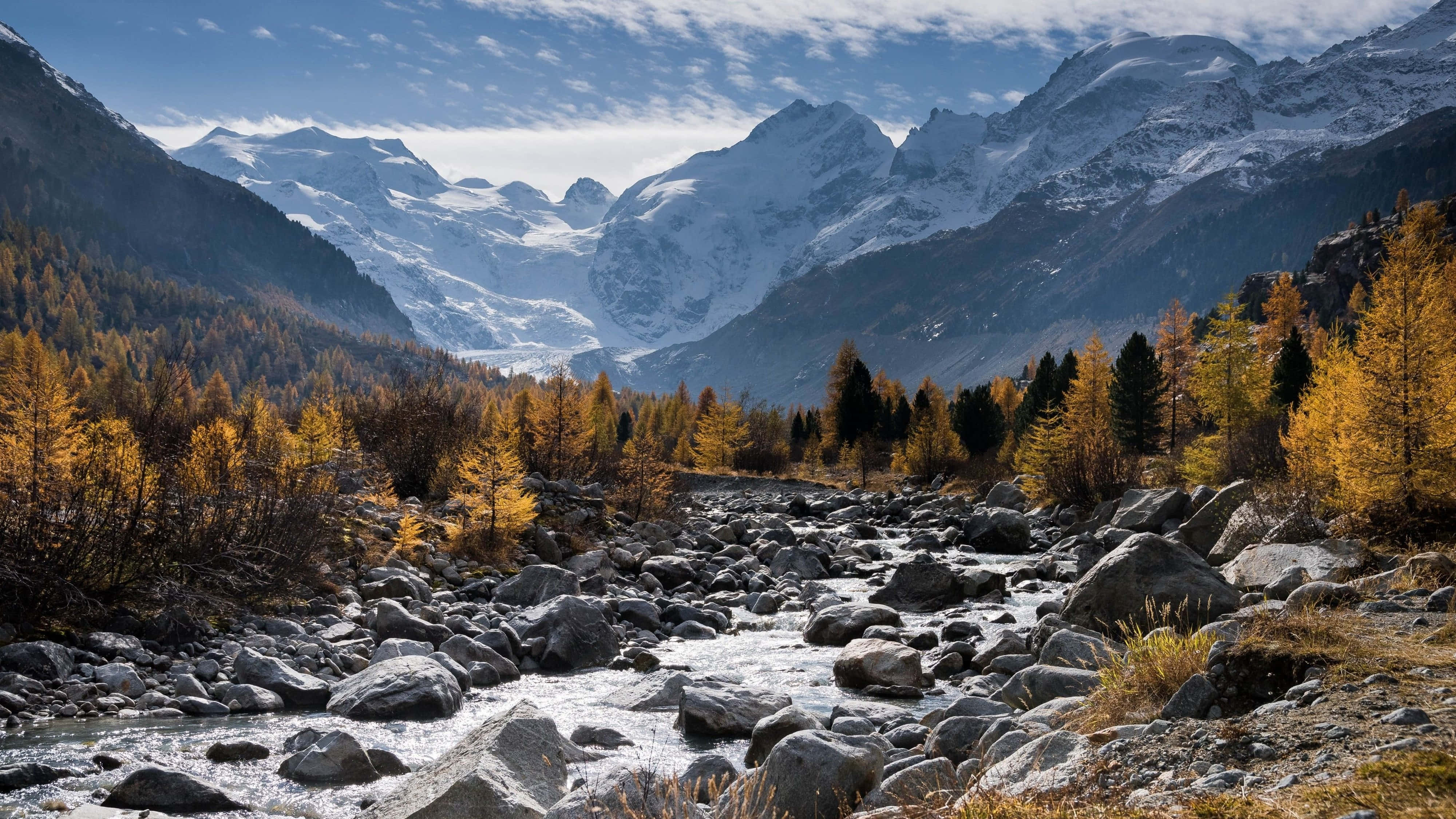 4K Mountain 桌布 壁紙 — 一條奔騰的山間溪流蜿蜒穿過金色的秋樹，白雪覆蓋的山峰在明亮的藍天下聳立。