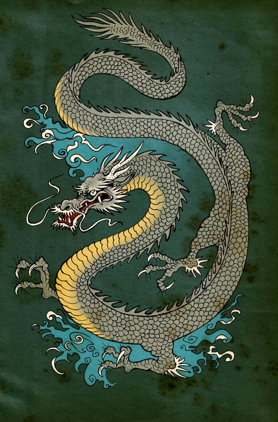 龍 桌布 壁紙 — 一條威嚴的傳統中國龍，帶有灰色鱗片和金色腹部，在紋理深綠色背景上動態盤繞。