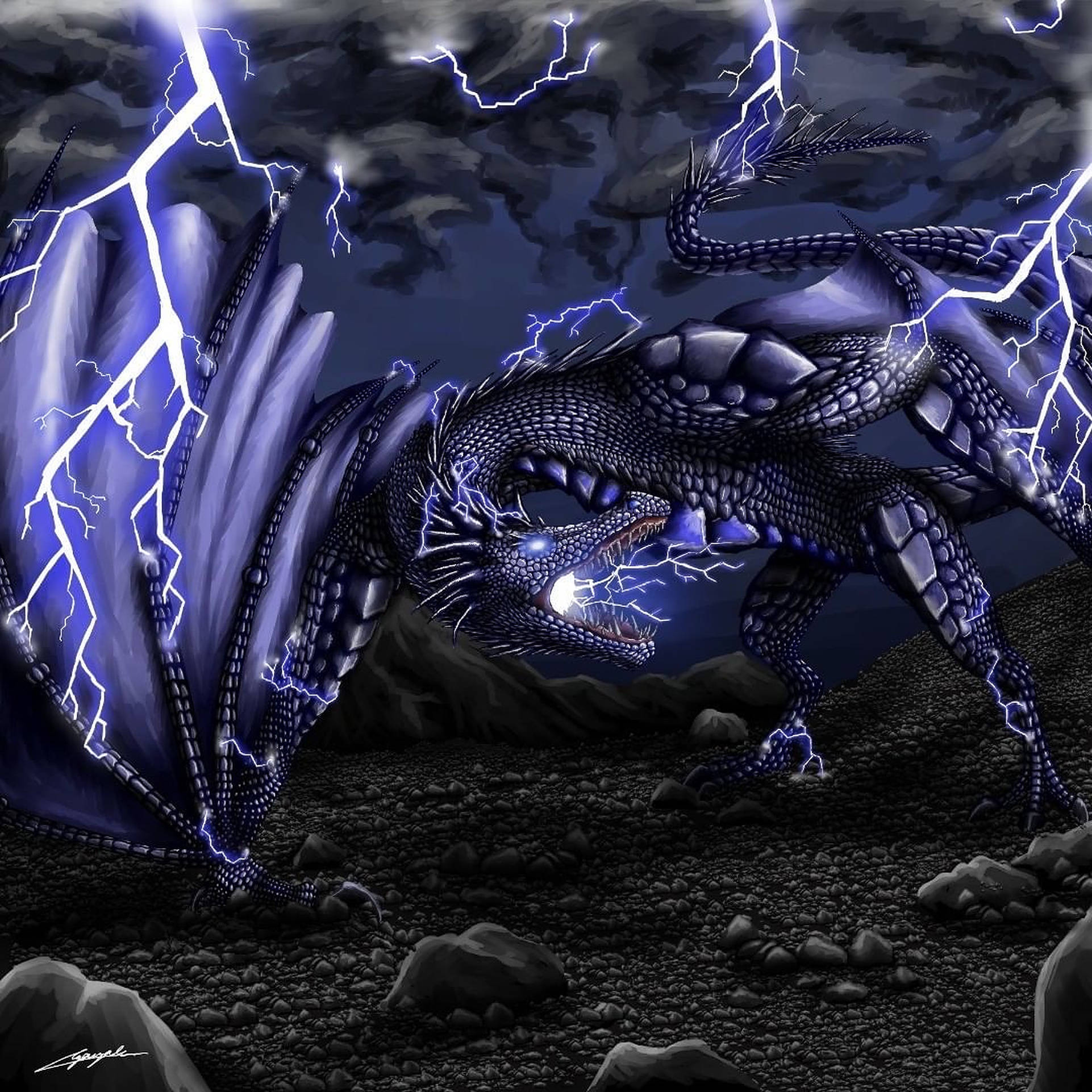 Lightning Dragon 桌布 壁紙 — 一條威嚴的深藍色龍，眼睛發光，閃電在身體周圍劈啪作響，站在岩石地形上，天空風暴肆虐。