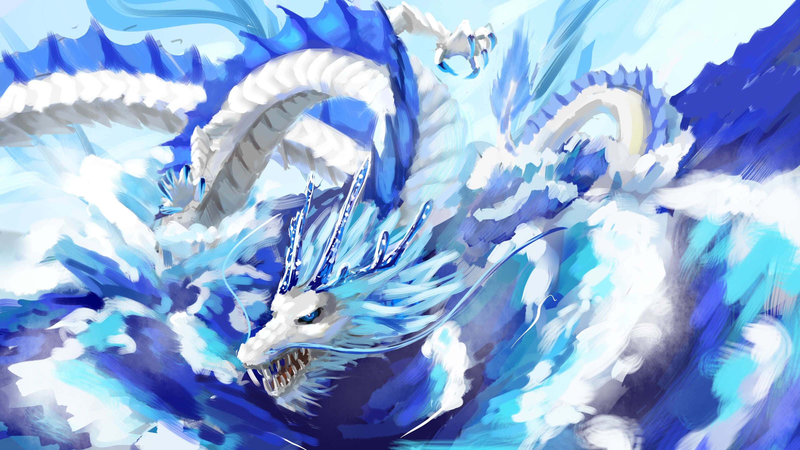Blue Eyes White Dragon 桌布 壁紙 — 一條威嚴的白藍色龍在洶湧的海浪中盤旋，露出鋒利的牙齒和發光的眼睛。