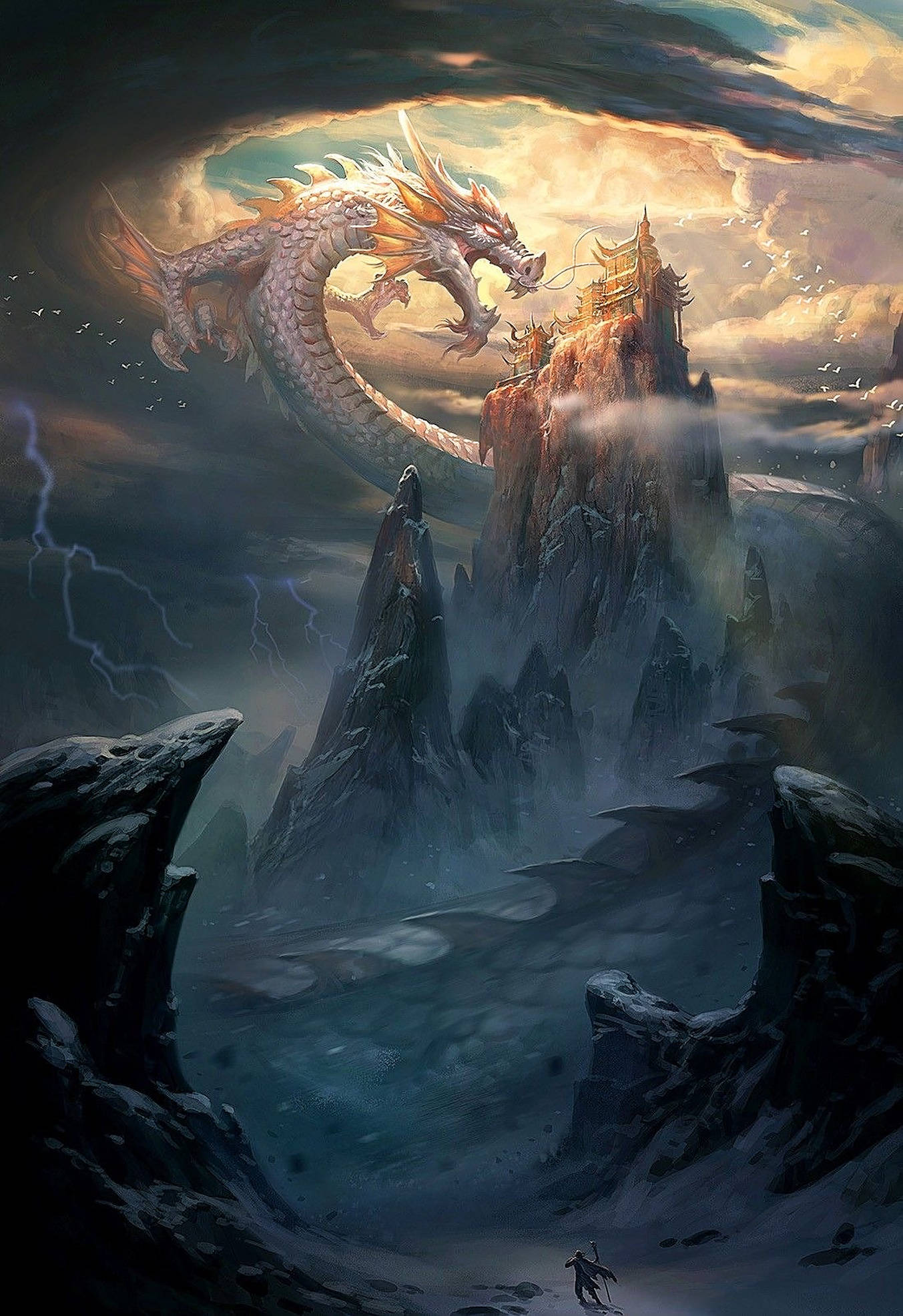 雷龍 桌布 壁紙 — 一條威嚴的金龍在暴風雨的山頂上空翱翔，山頂上有一座寺廟，一個孤獨的身影在下方敬畏地行走。