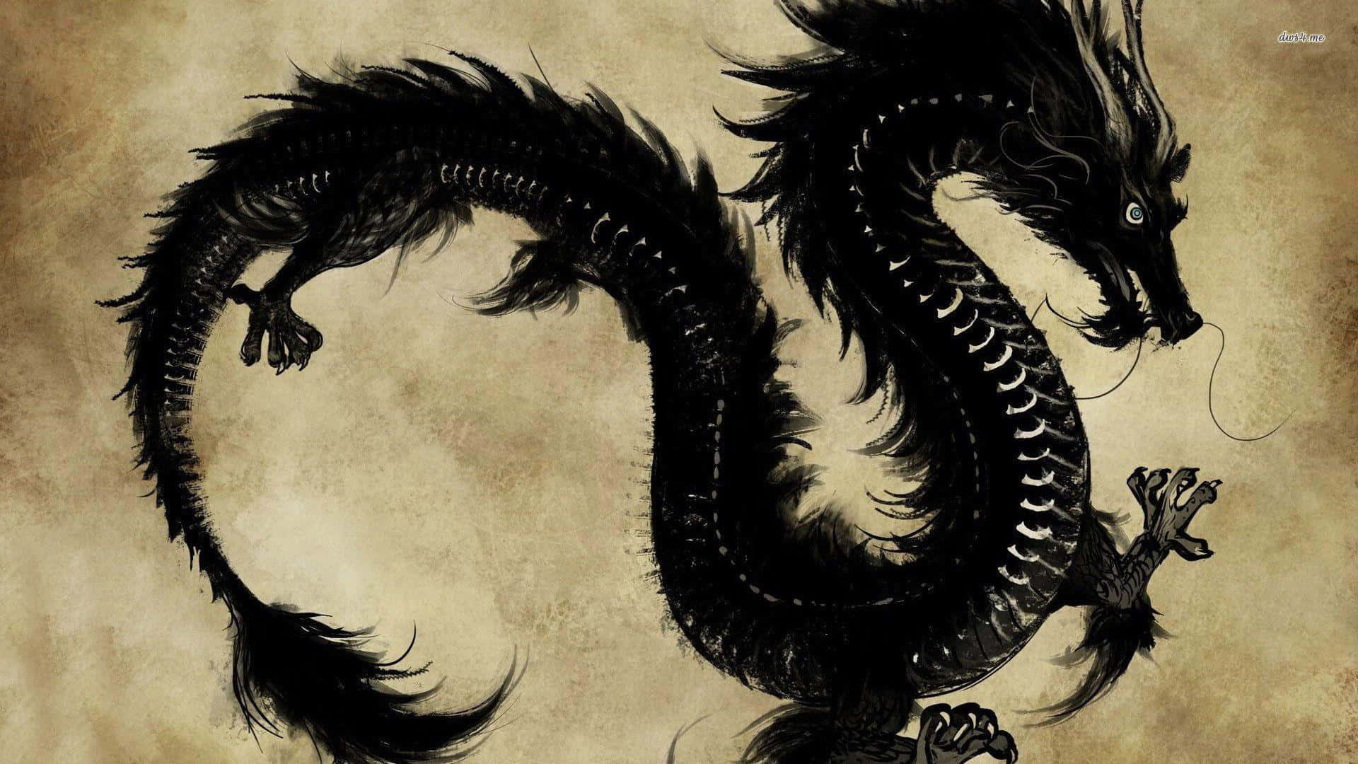 龍 桌布 壁紙 — 一條威嚴的黑色水墨龍，在帶有紋理的羊皮紙背景上優雅盤繞，鱗片精細，藍色眼睛兇猛。