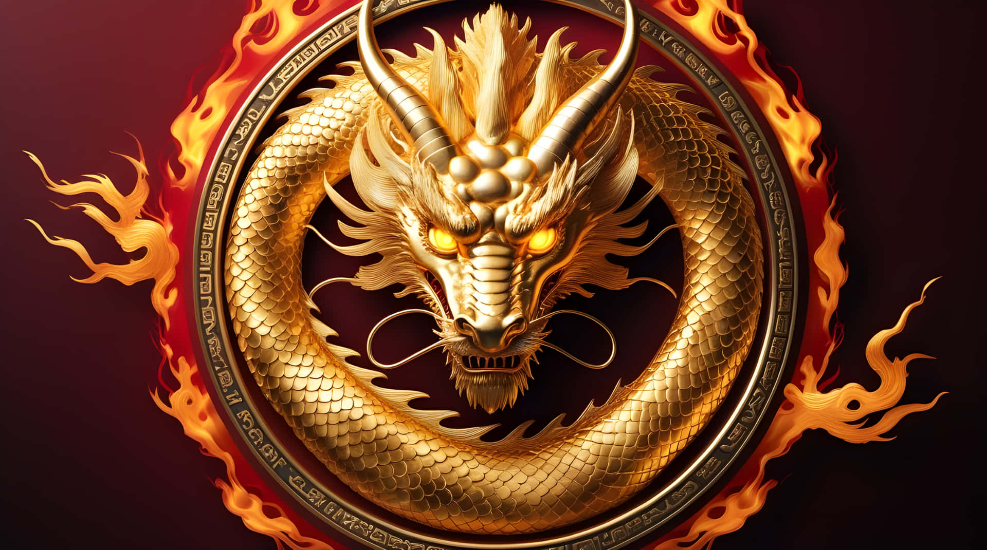 Dragon rings picture 壁紙 — 一條威風凜凜的金色龍，眼睛發光，盤繞在一個火熱的圓形框架內，背景是深紅色。
