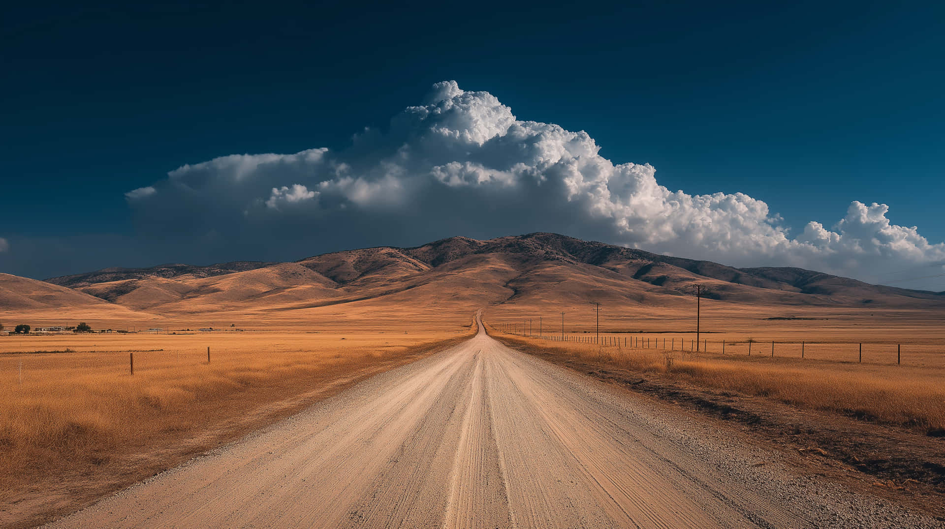 Endless Prairie Road 壁紙 — 一條孤獨的土路在戲劇性的天空下延伸向遠山，天空中有巨大的白色雲層。