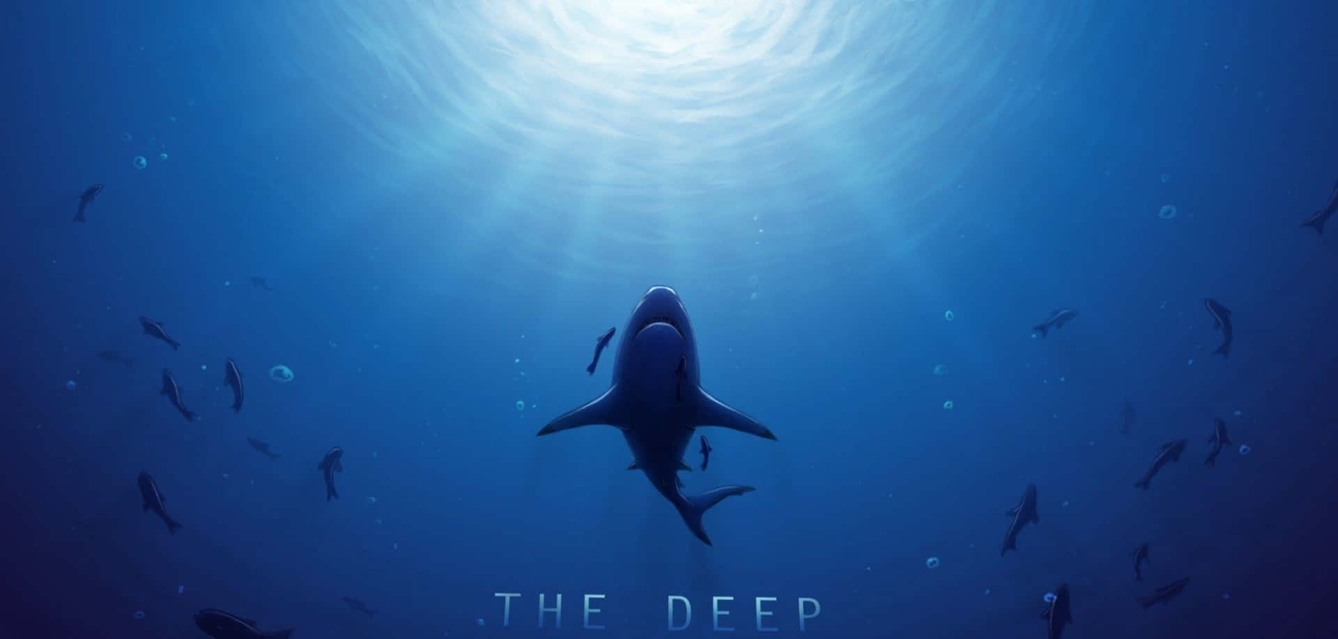 Deep 桌布 壁紙 — 一條孤獨的鯊魚在深藍色的海洋中滑行，陽光從上方過濾下來，照亮了散落的魚群。
