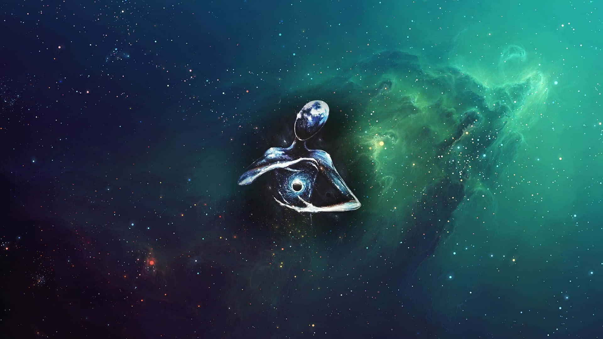 Spirituality 桌布 壁紙 — 一條宇宙鯨魚在充滿星星和發光綠色雲彩的 vibrant 星雲中滑行。