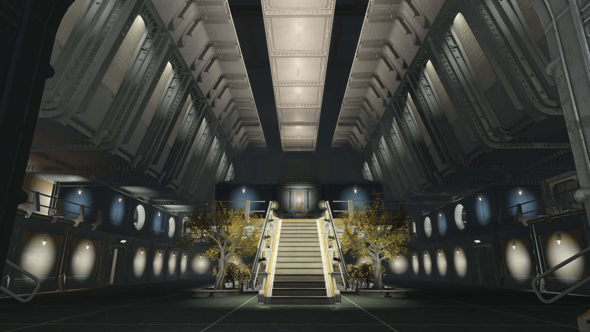 Fallout 4 Vault 桌布 壁紙 — 一條宏偉的工業樓梯穿過一個燈光昏暗、高天花板的大廳，兩旁是發光的圓形窗戶和華麗的欄杆。