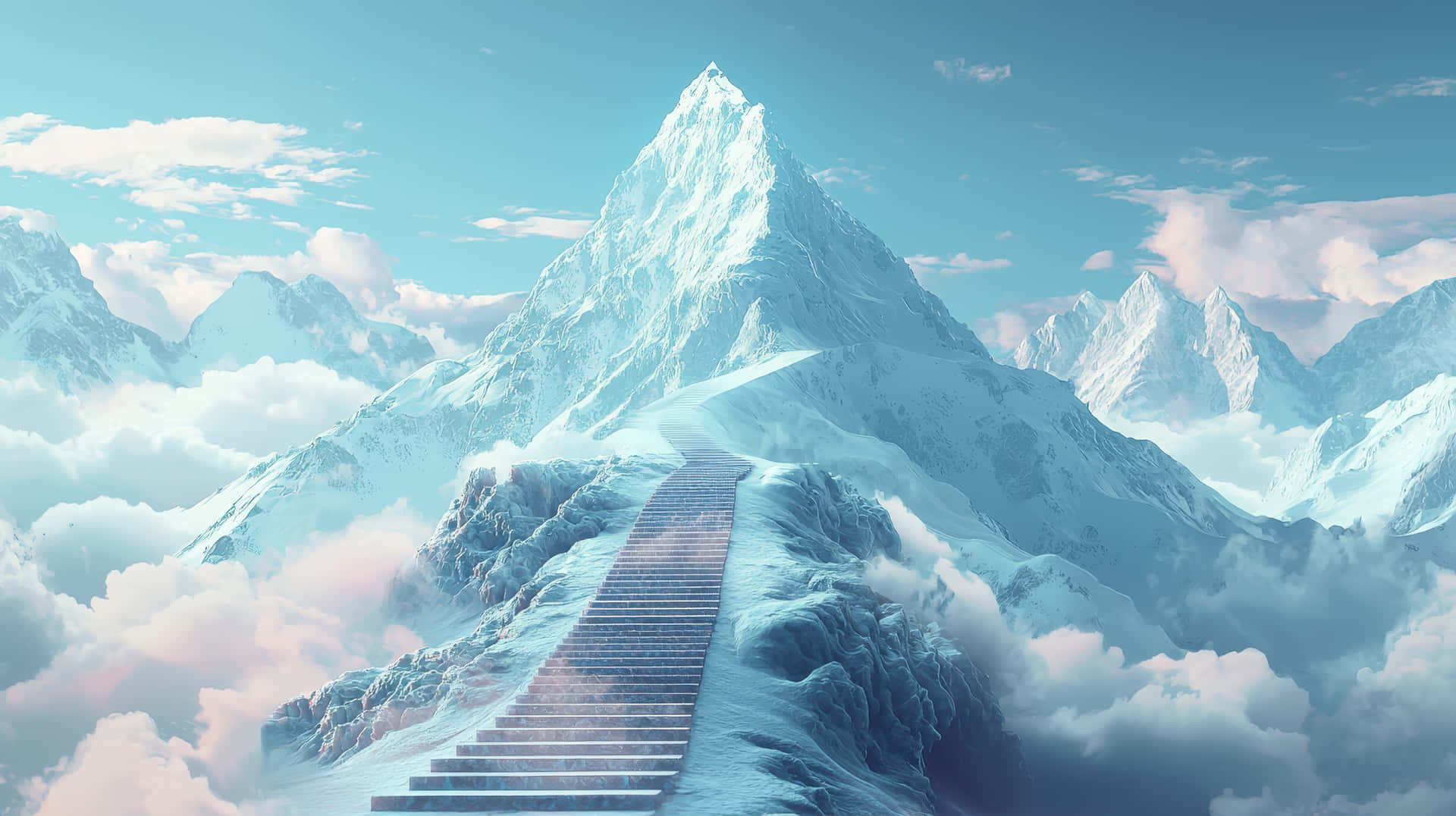 Stairway leading to majestic snowy mountain peak 壁紙 — 一條宏偉的樓梯穿過蓬鬆的雲層，通往晴朗藍天下白雪覆蓋的山峰。