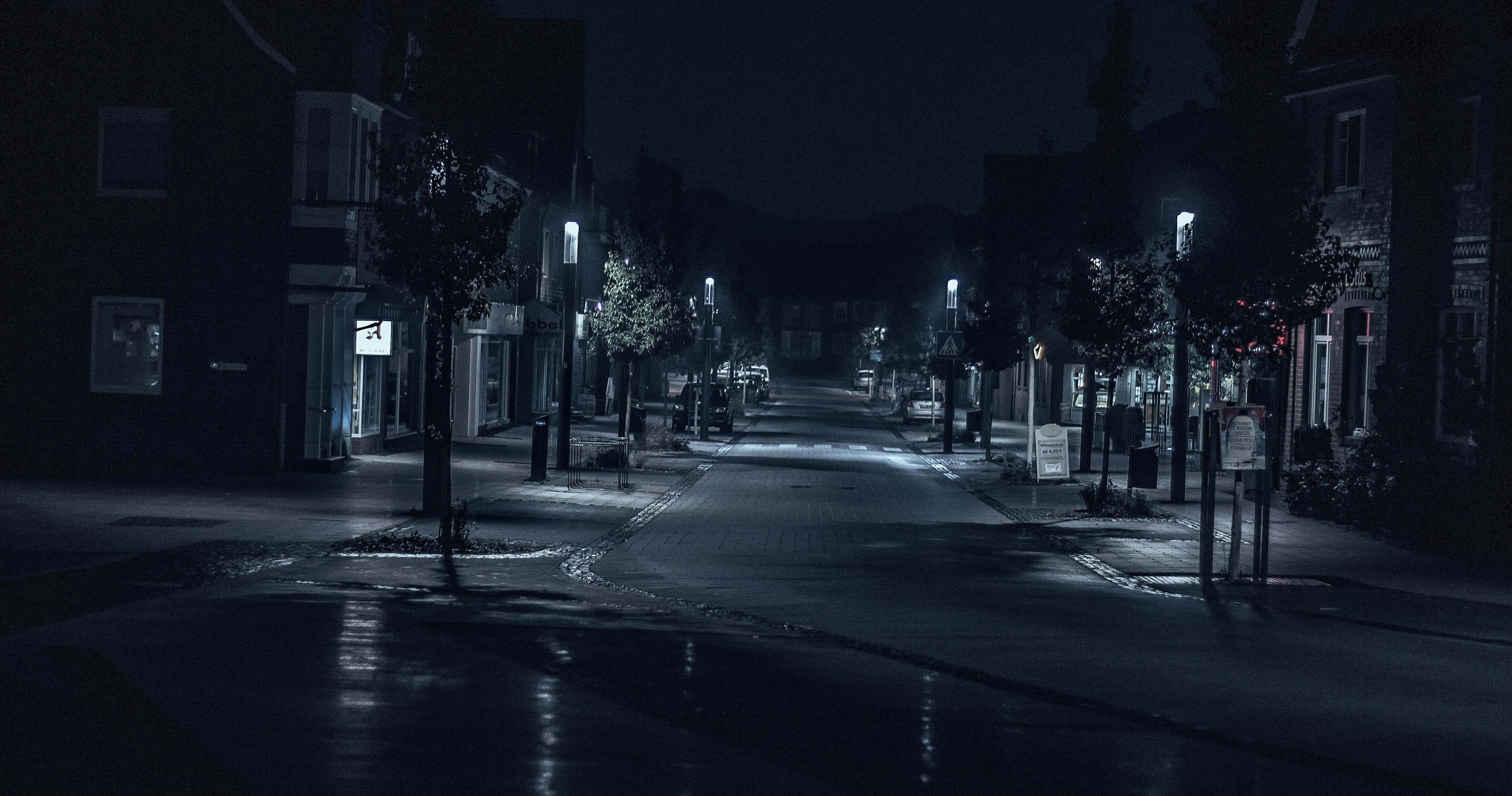 Night Street 桌布 壁紙 — 一條寧靜、被雨水打濕的夜間城市街道，柔和的路燈在建築物和樹木之間投下長長的影子。