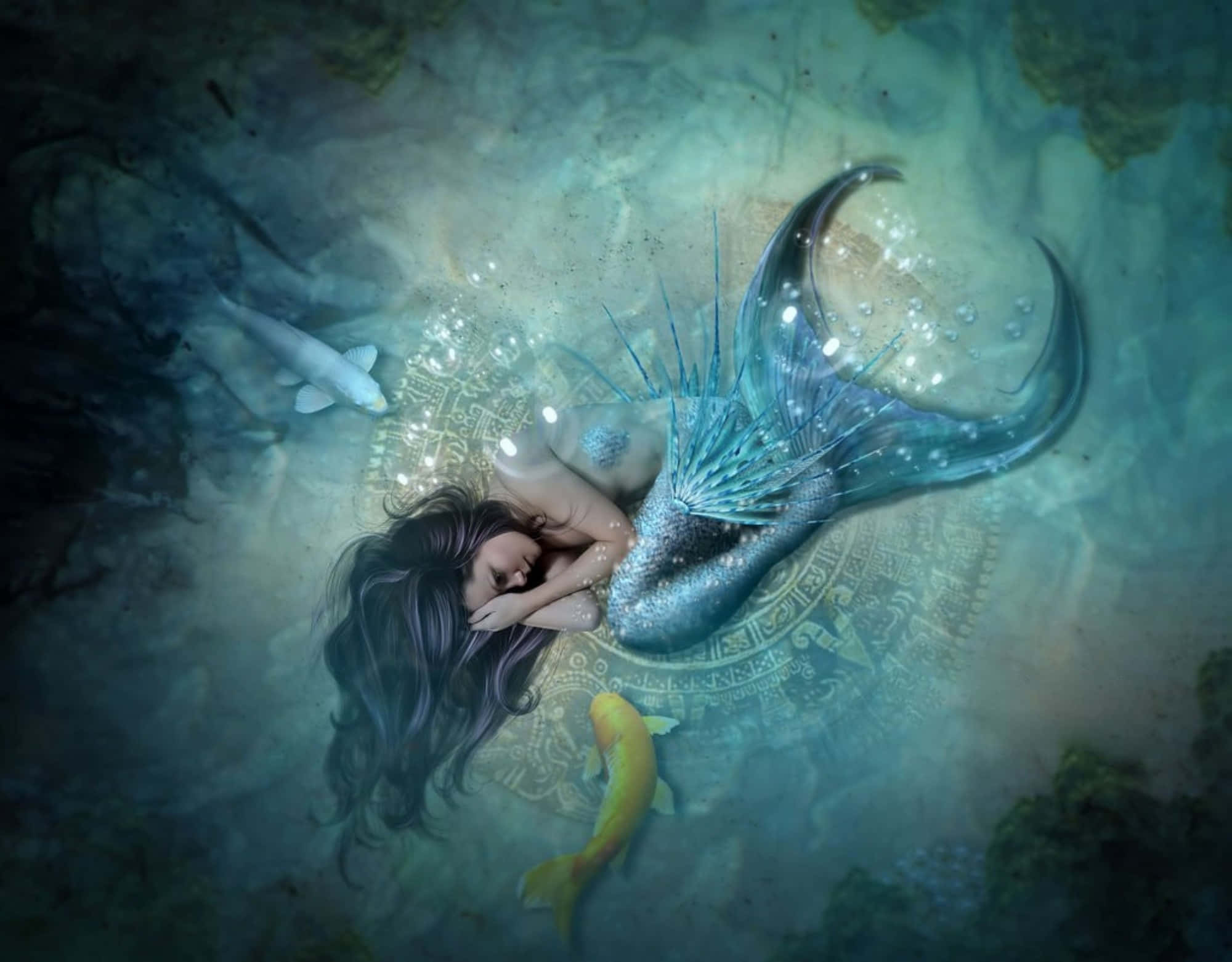 Mermaids 桌布 壁紙 — 一條寧靜的人魚，擁有閃爍的藍色尾巴，在水下一個古老的石圈上安詳地休息，周圍環繞著發光的魚和柔和的光線。