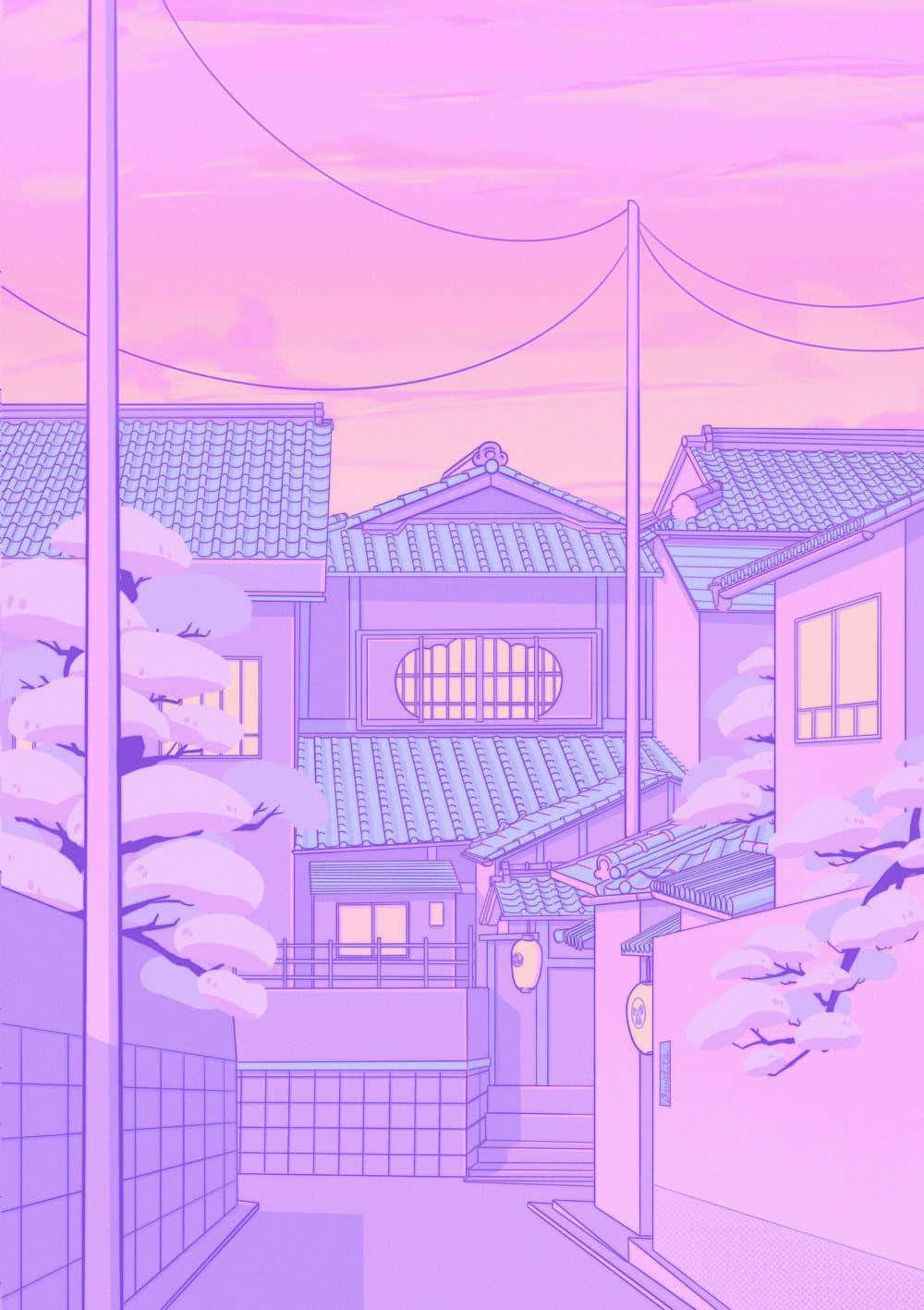 Cute Purple Aesthetic 桌布 壁紙 — 一條寧靜的動漫風格小巷，兩旁是傳統日式房屋，上方是柔和的粉紫色暮色天空。