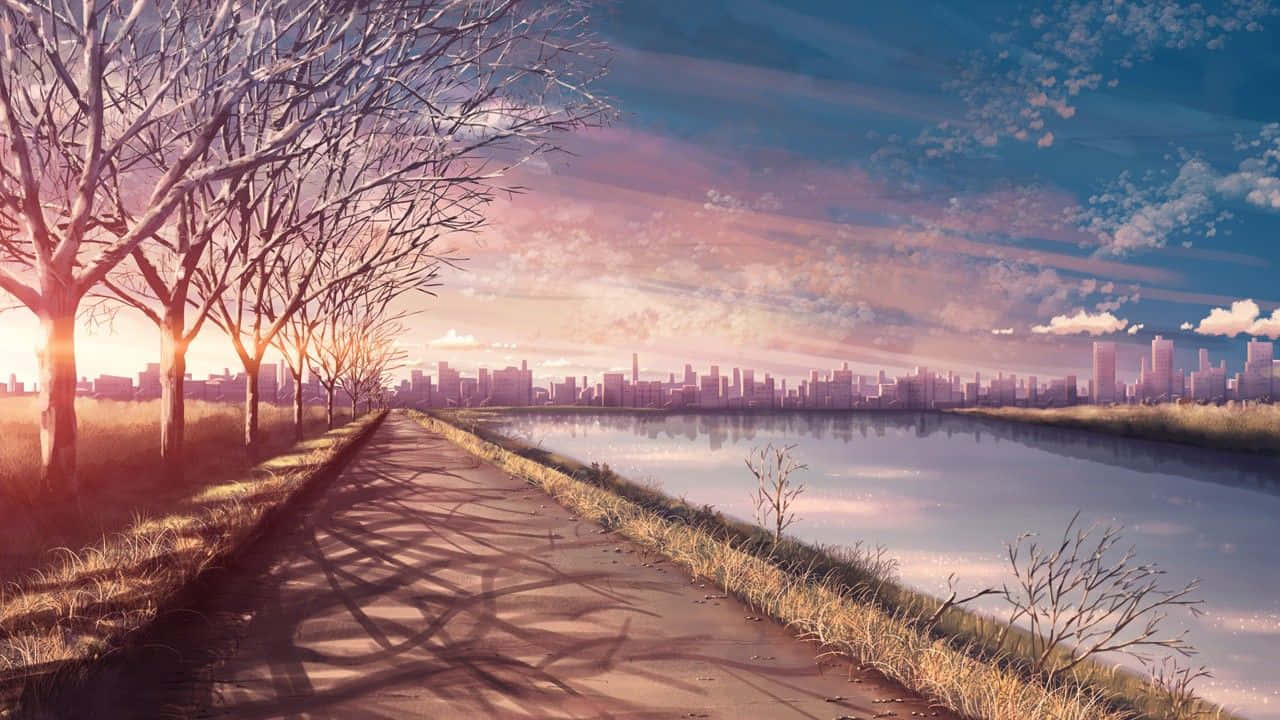 動畫風景 桌布 壁紙 — 一條寧靜的動漫風格小徑，兩旁是光禿禿的樹木，通往夕陽下閃耀的城市天際線。