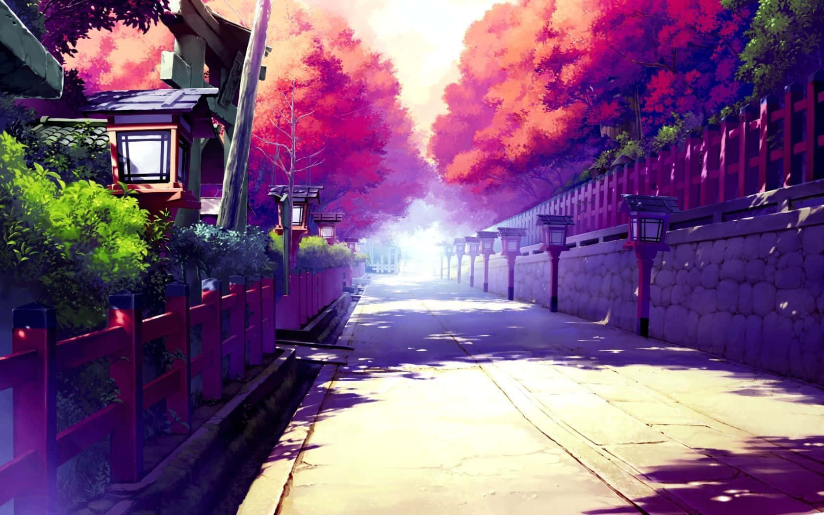 Road 桌布 壁紙 — 一條寧靜的動漫風格小徑，兩旁種滿鮮紅色的樹木和傳統燈籠，沐浴在柔和的晨光中。