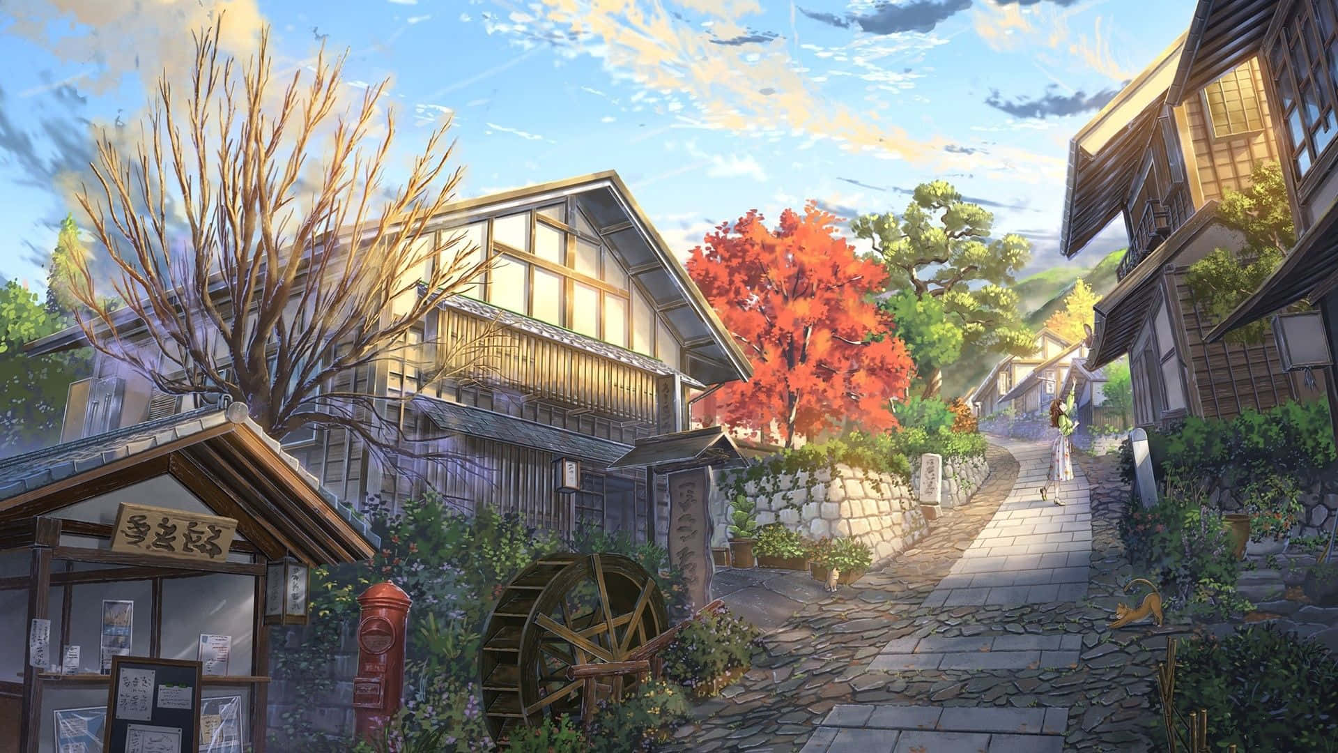 House 桌布 壁紙 — 一條寧靜的動漫風格村莊街道，沐浴在金色夕陽下，有鮮紅的楓樹和傳統木屋。