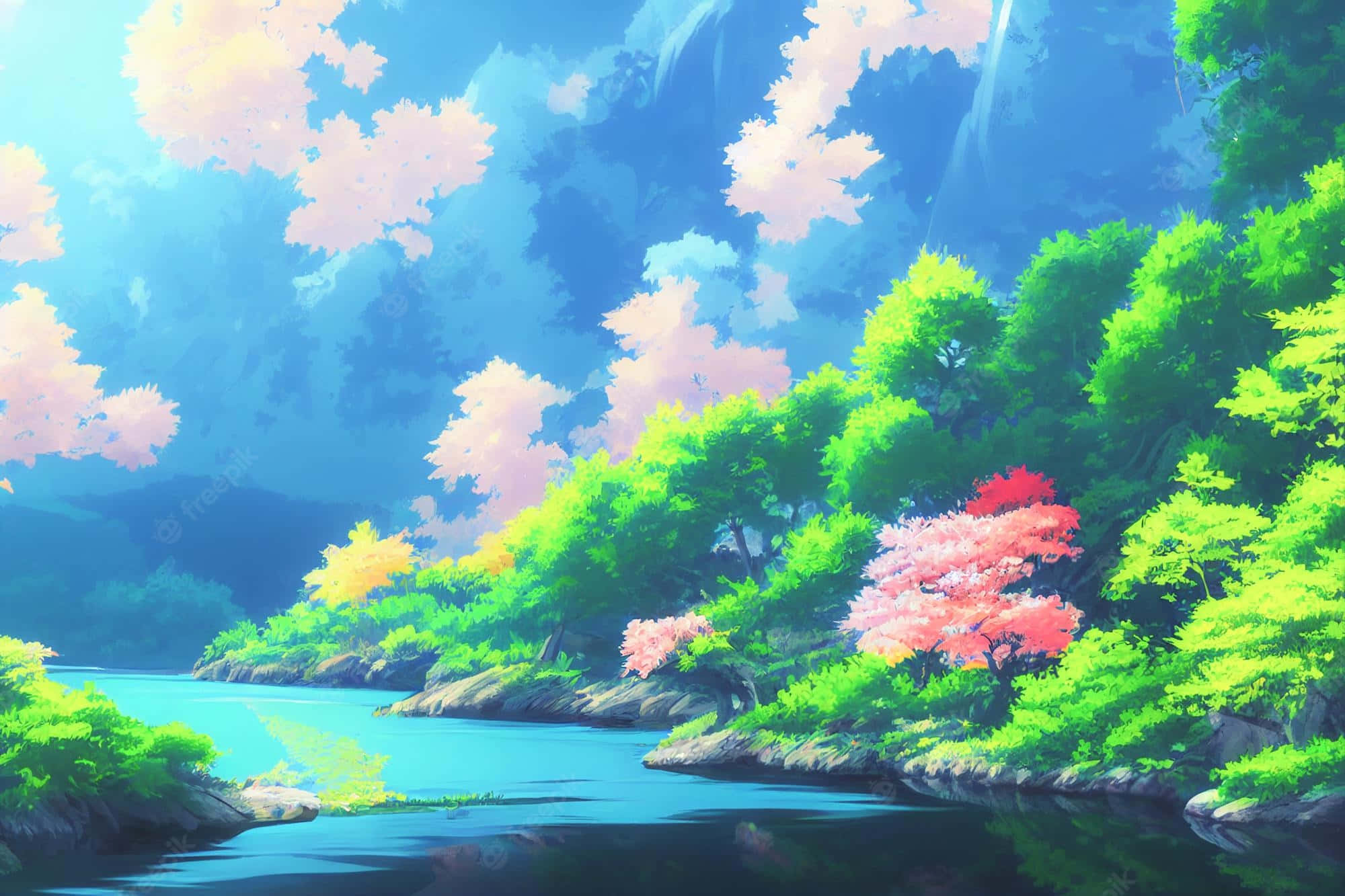 Beautiful Anime Scenery 桌布 壁紙 — 一條寧靜的動漫風格河流蜿蜒穿過茂密的綠色森林，粉紅色的櫻花在天空中飄浮。