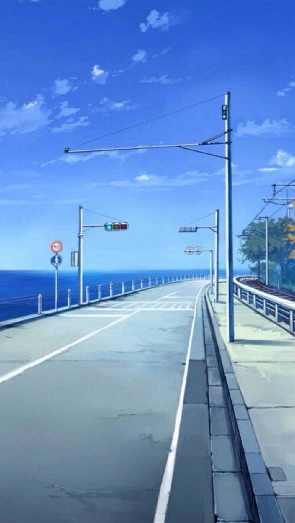 藍色美學 桌布 壁紙 — 一條寧靜的動漫風格沿海道路在明亮的藍天和散落的雲朵下延伸至地平線。