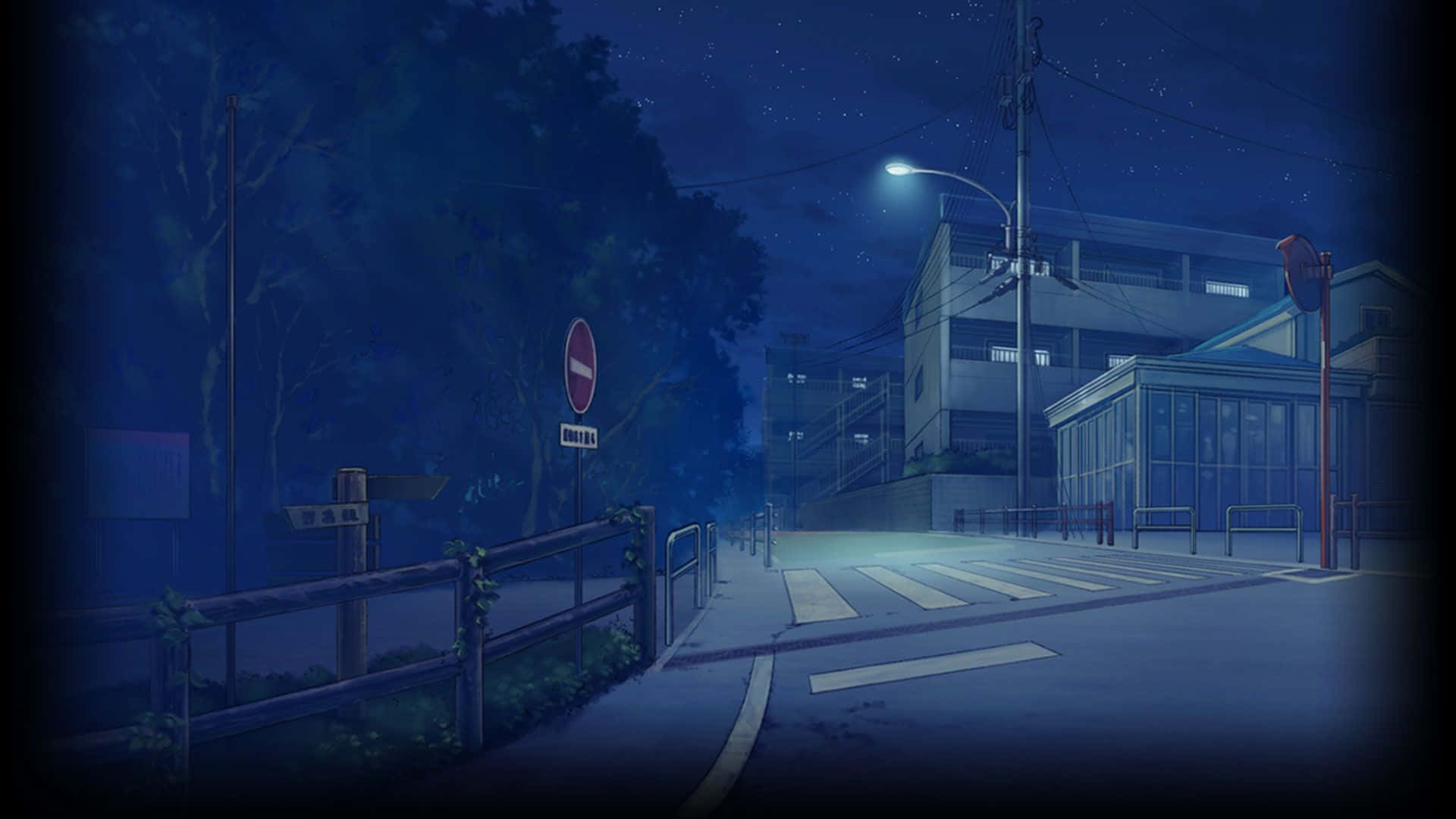 Anime Park Scenery 桌布 壁紙 — 一條寧靜的動漫風格街道，夜晚在星空下，只有一盞路燈在斑馬線上投下柔和的光線。