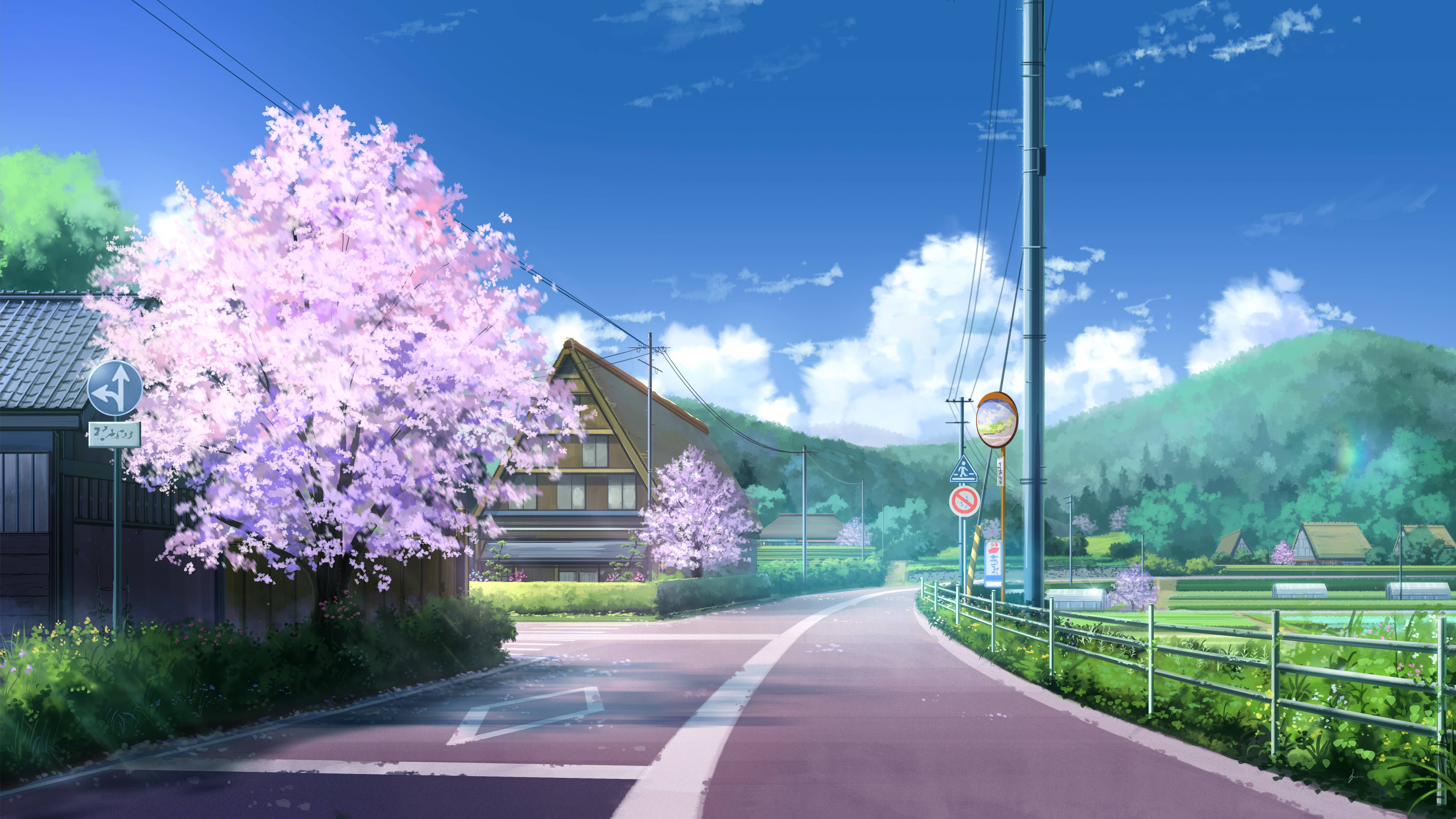 動漫 4K 桌布 壁紙 — 一條寧靜的動漫風格道路蜿蜒經過櫻花樹和傳統房屋，上方是晴朗的藍天和蓬鬆的白雲。