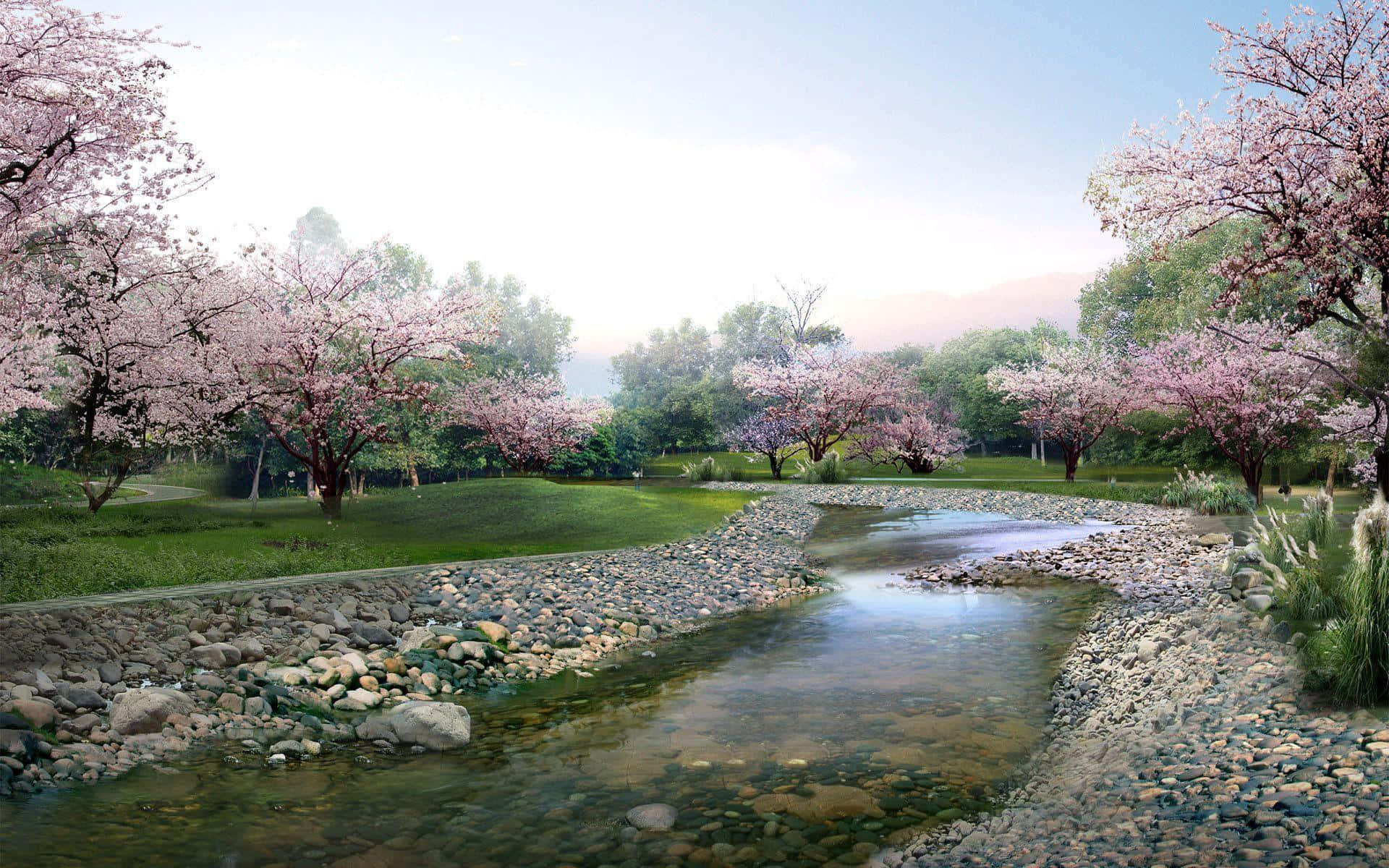 櫻花 桌布 壁紙 — 一條寧靜的小溪蜿蜒流過一個綠意盎然的公園，兩旁開滿了粉紅色的櫻花樹，在柔和的晨空下。