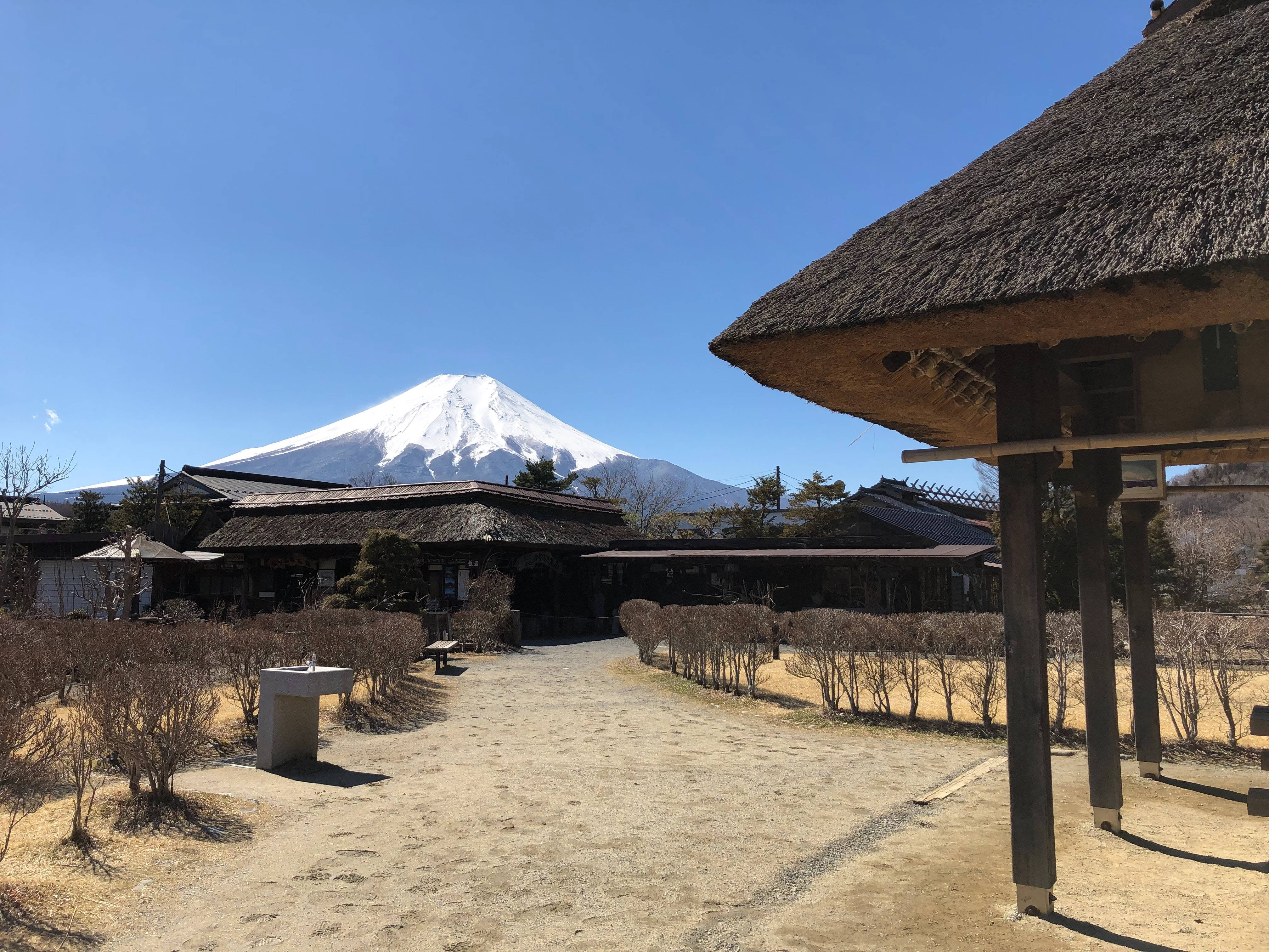富士山 桌布 壁紙 — 一條寧靜的小路蜿蜒經過傳統茅草屋頂建築，朝向晴朗藍天下雄偉的雪頂富士山。