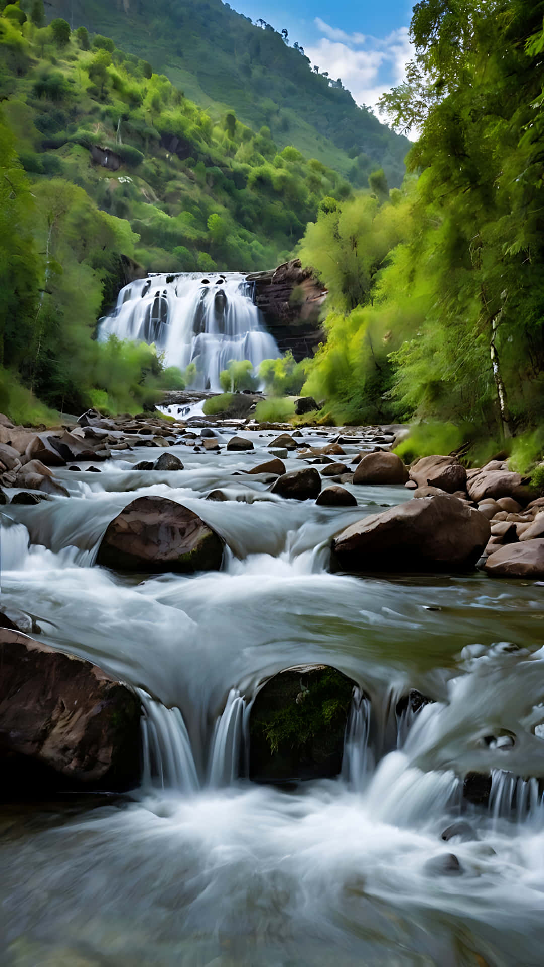 Flowing Serenity – Waterfall and River Beauty. smartphone wallpaper 壁紙 — 一條寧靜的山間溪流從長滿苔蘚的岩石上傾瀉而下，形成泡沫飛濺的瀑布，四周是茂密的綠色森林，上方是明亮的藍天。