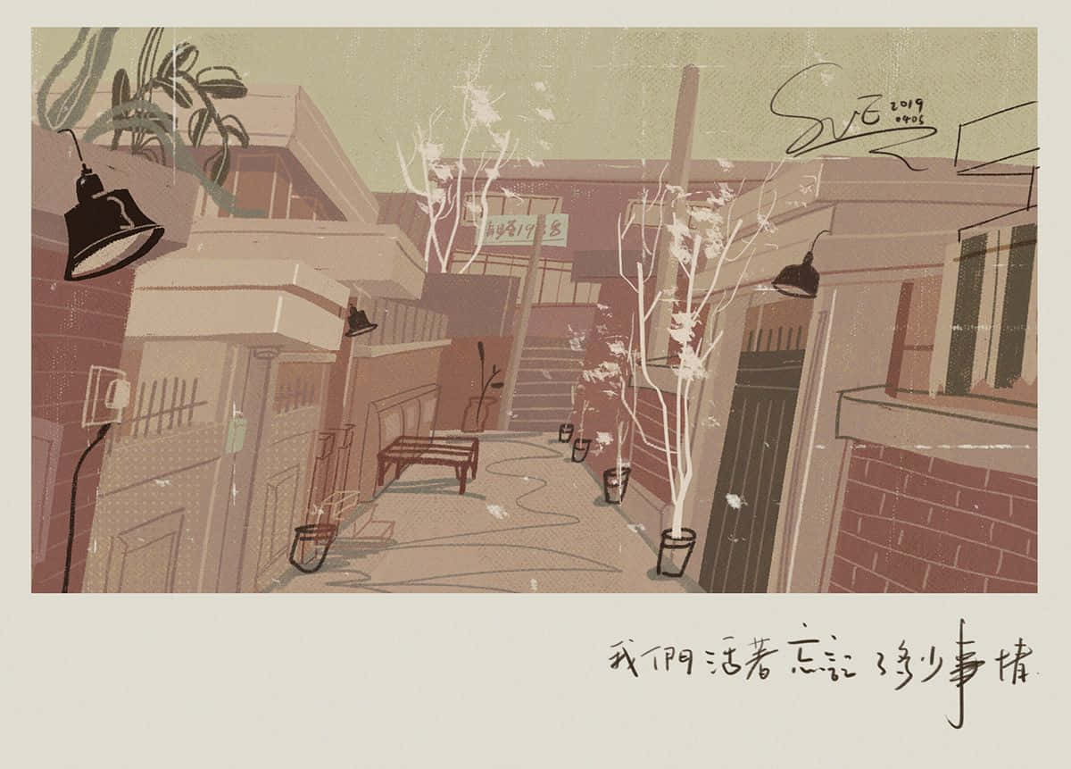 Aesthetic Korean 桌布 壁紙 — 一條寧靜的插圖小巷，磚砌建築、光禿禿的樹木和掛燈，籠罩在柔和的天空下。
