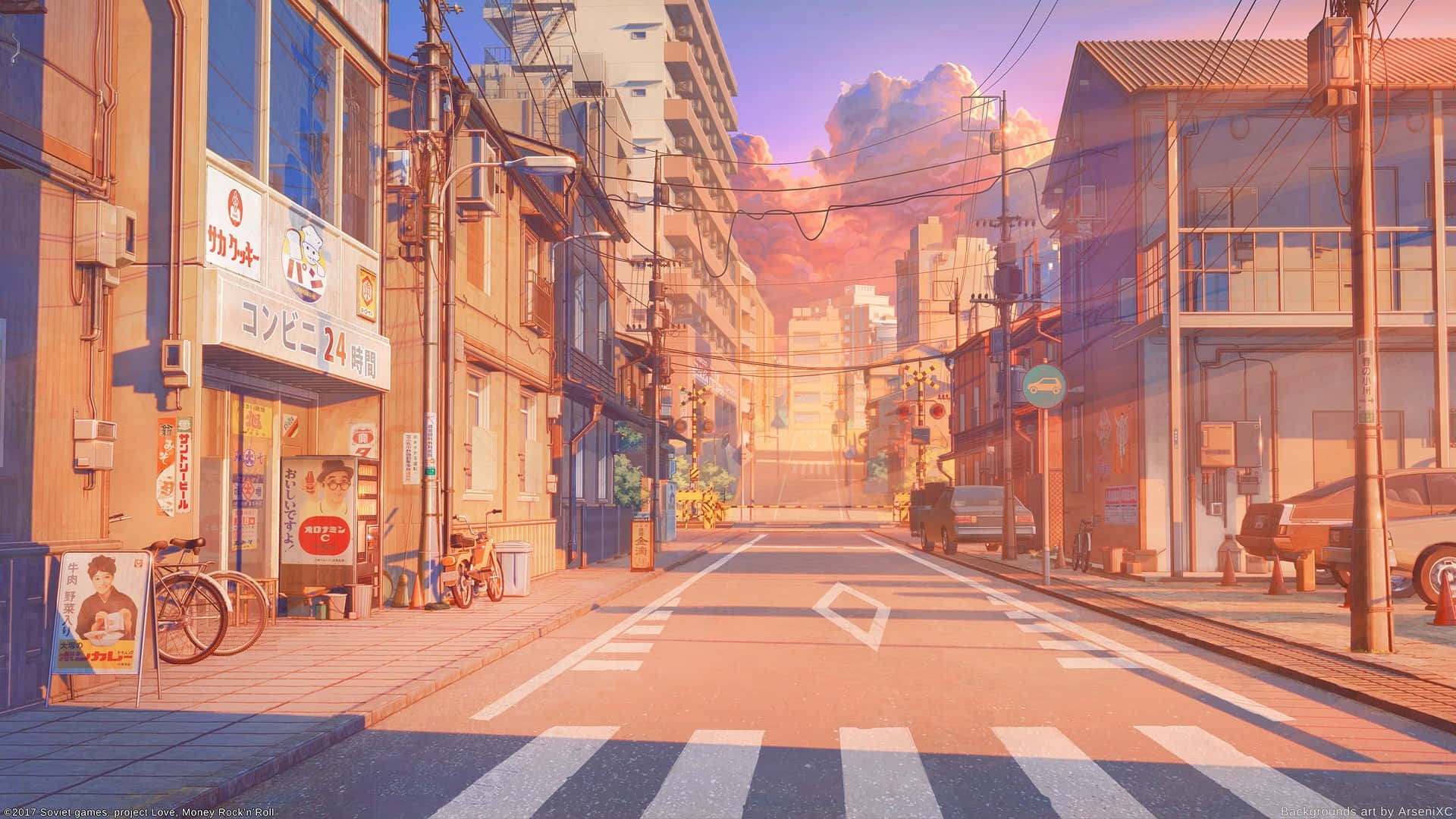 Aesthetic Anime 桌布 壁紙 — 一條寧靜的日本動畫風格街道，沐浴在溫暖的夕陽光中，帶有粉彩雲朵和安靜的店舖門面。