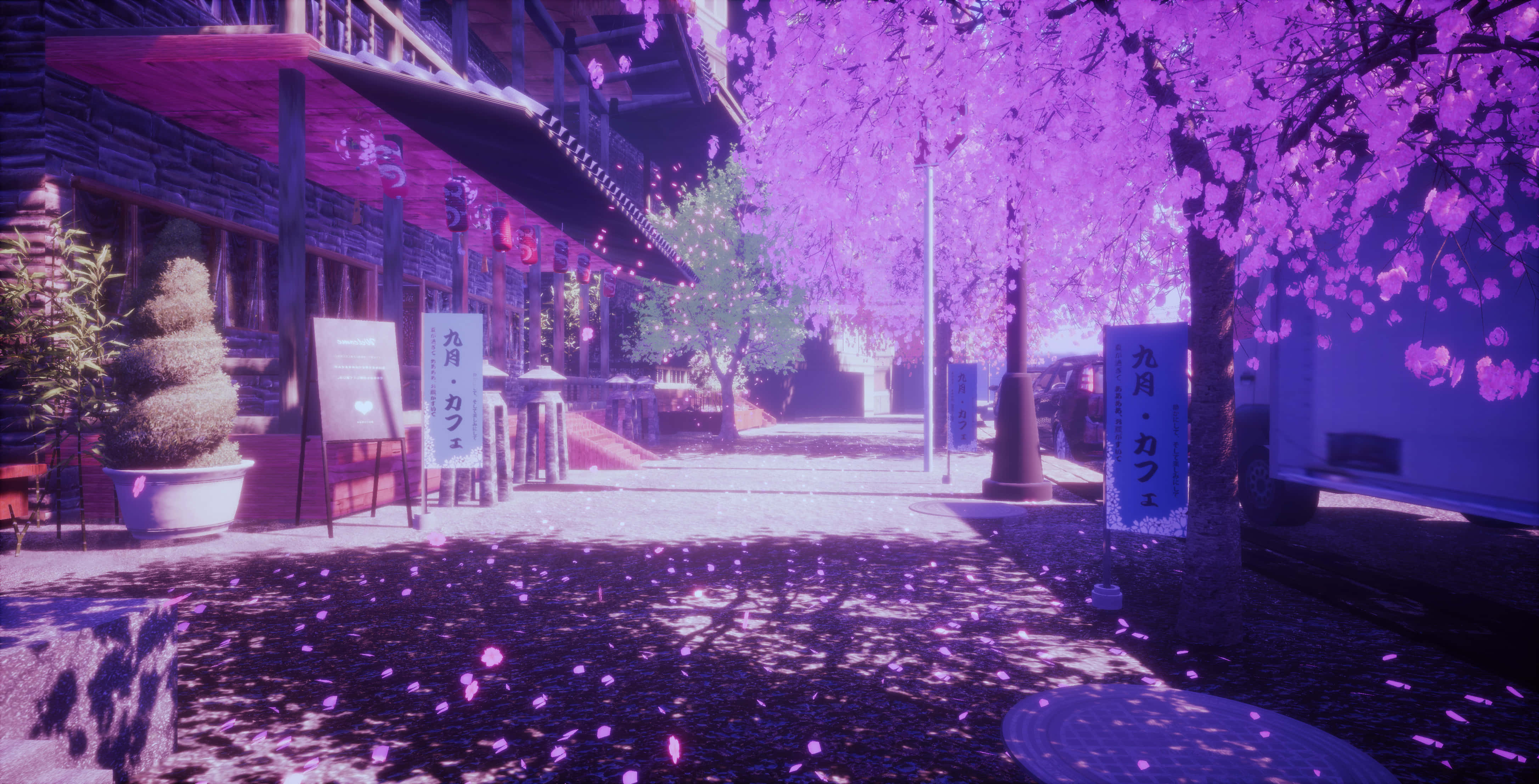 Sakura 桌布 壁紙 — 一條寧靜的日本街道沐浴在紫色燈光中，櫻花輕輕飄落在傳統建築和石徑上。