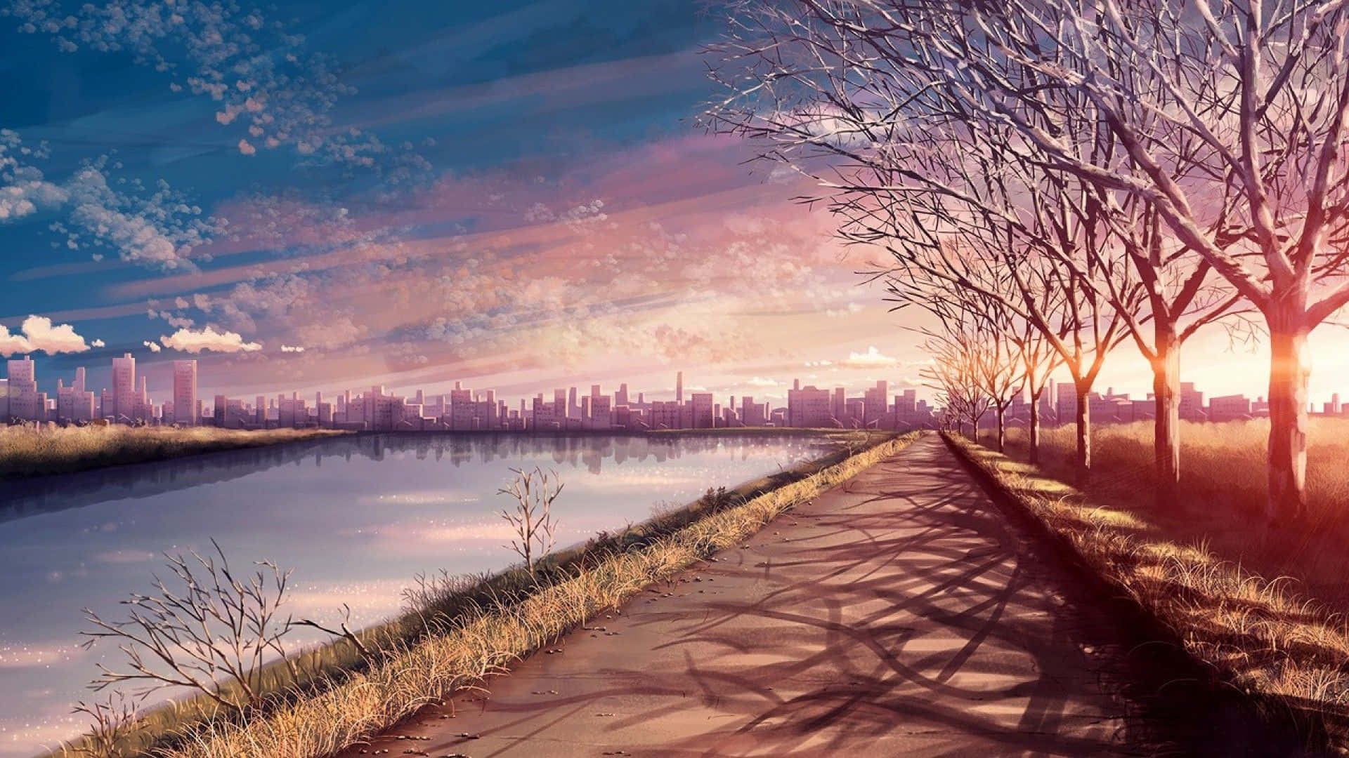 動畫風景 桌布 壁紙 — 一條寧靜的日落小徑，兩旁是光禿禿的樹木，通向在柔和天空下平靜水面倒映的城市天際線。