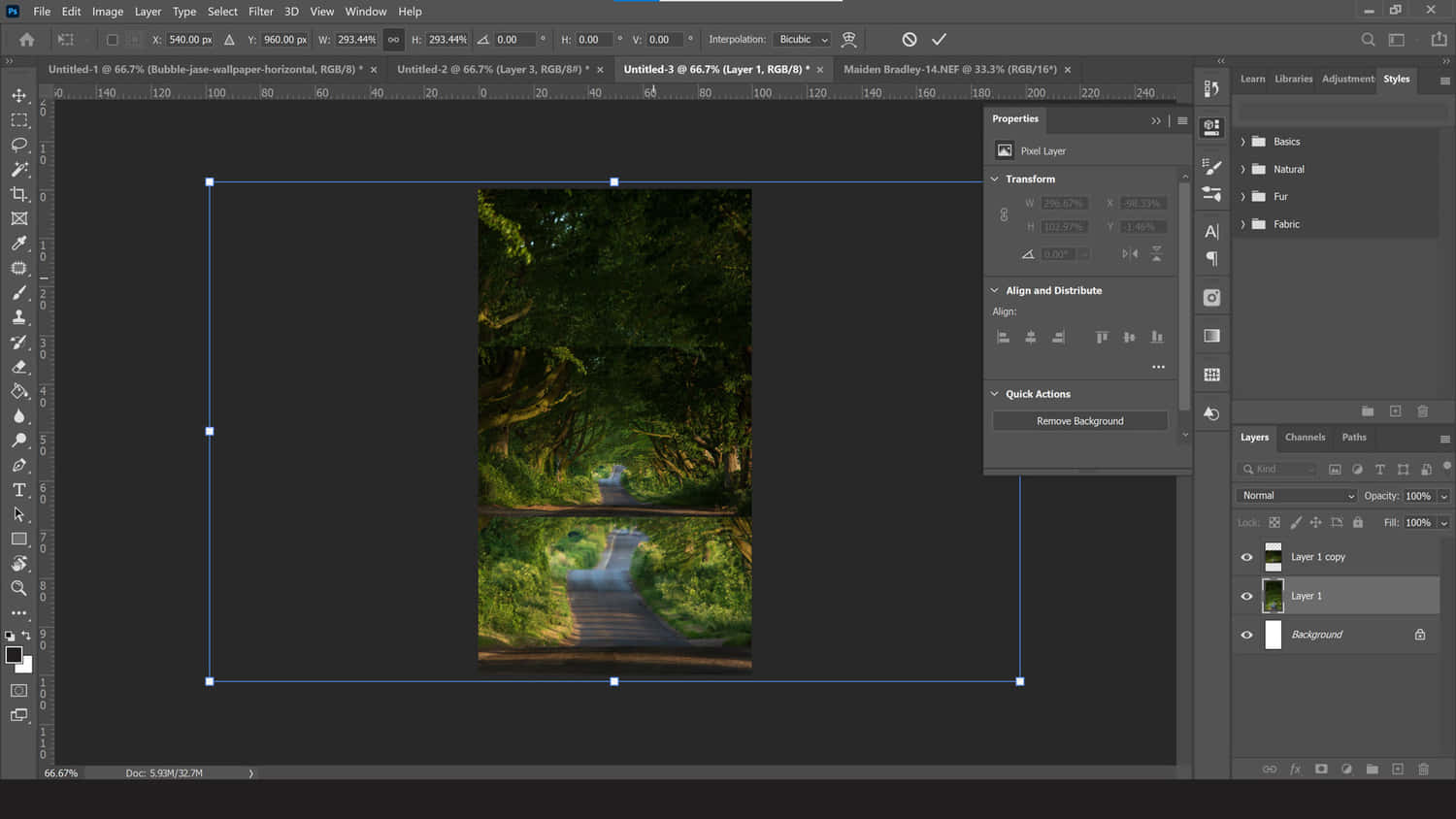 photoshop 桌布 壁紙 — 一條寧靜的森林小徑拱形穿過茂密的綠樹，下方是反射的水面。