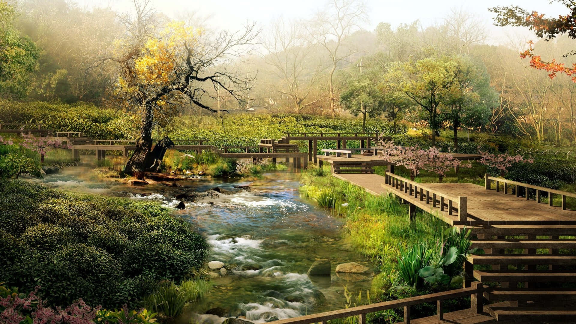 風景 桌布 壁紙 — 一條寧靜的森林溪流在木橋下流淌，四周環繞著茂密的綠植和沐浴在柔和晨光中的秋色樹木。