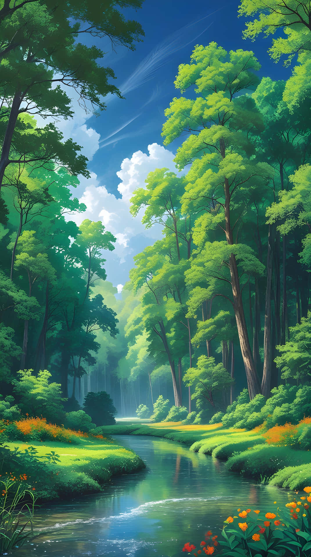 A beautiful natural view of nature 壁紙 — 一條寧靜的森林溪流蜿蜒穿過茂密的綠樹，天空湛藍，白雲蓬鬆。